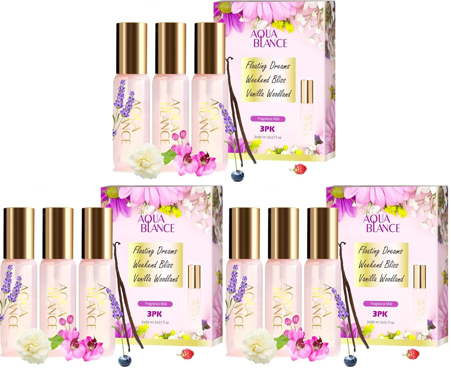 AQUA BLANCE Body Spray Set for Women, Each 60ml/2.1 FlOz, Travel Size Womens Fragrance Body Spray, Three Scents - Vanilla Woodland, Lavender, Jasmine Raspberry (Pack of 3)