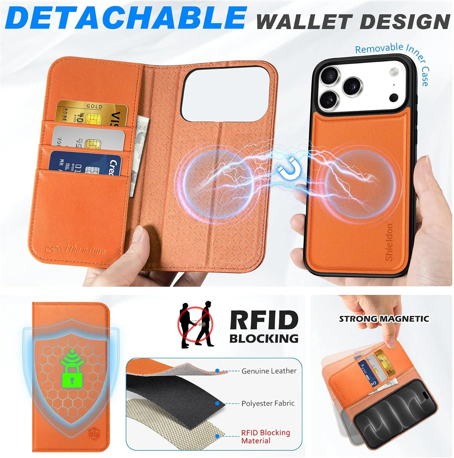 SHIELDON Detachable Wallet Case for iPhone 18 Pro Max/17 Pro Max, Orange