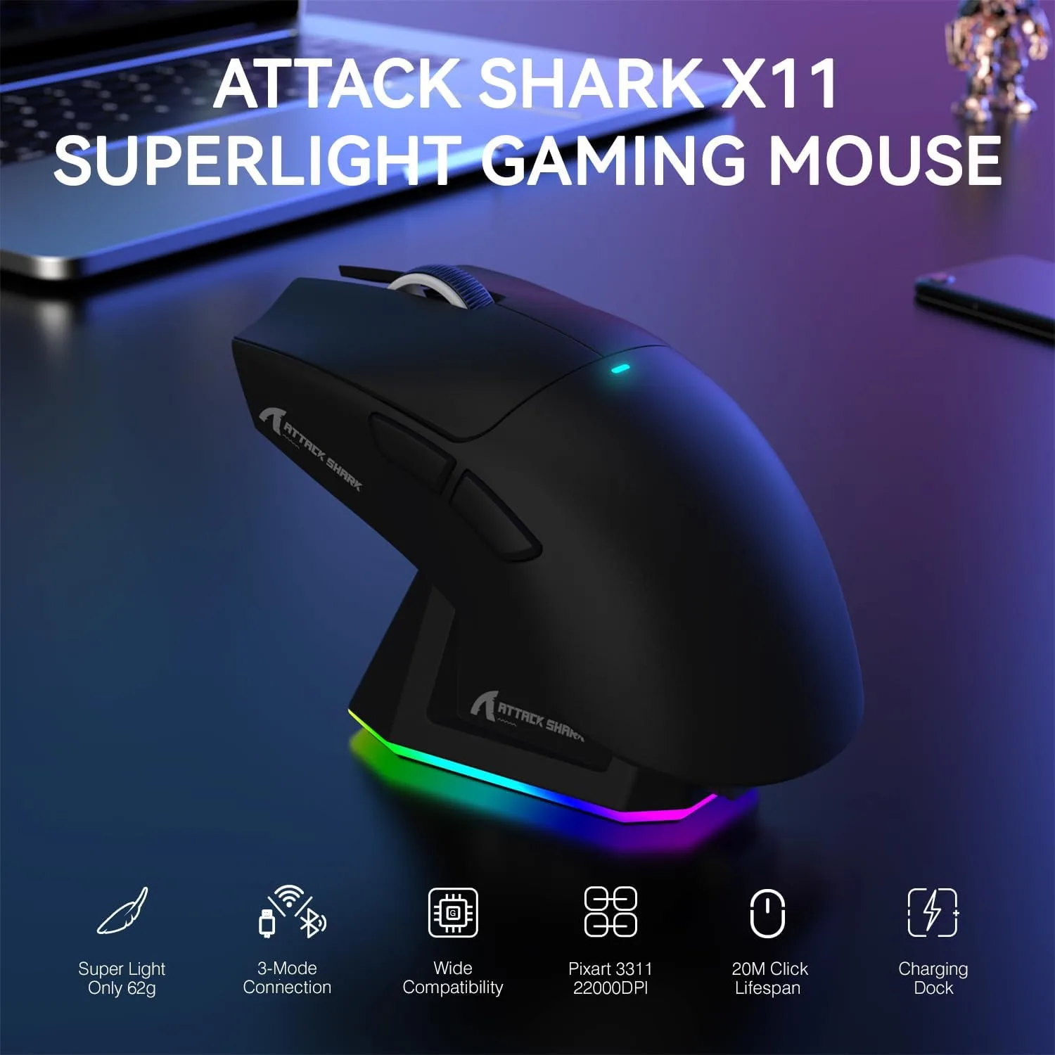 ATTACK SHARK X11 Wireless Gaming Mouse, PAW3311 Sensor, Lightweight, RGB Charging Dock, 22,000 DPI, Tri-Mode Connectivity, 5 Programmable Buttons - Black