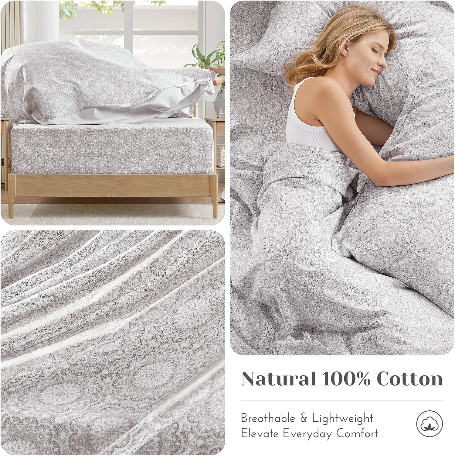 Comfort Spaces 100% Cotton Percale Sheets Queen Size 4 Pcs, Adelia Gray