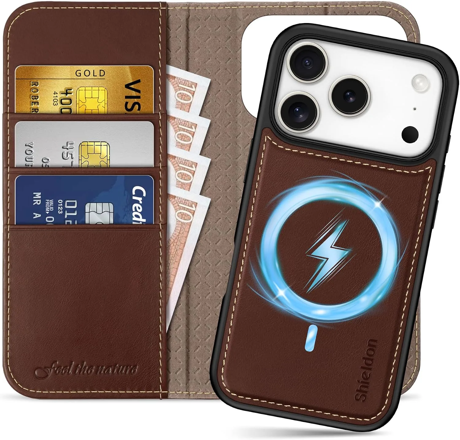 SHIELDON 2 in 1 Leather Case Wallet for iPhone 18 Pro/17 Pro, Retro Coffee