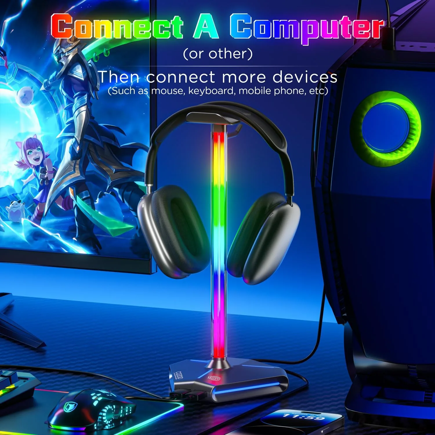 cozoo Desk headset stand Touch RGB Light Stand 4 Color Modes 2 USB Grey