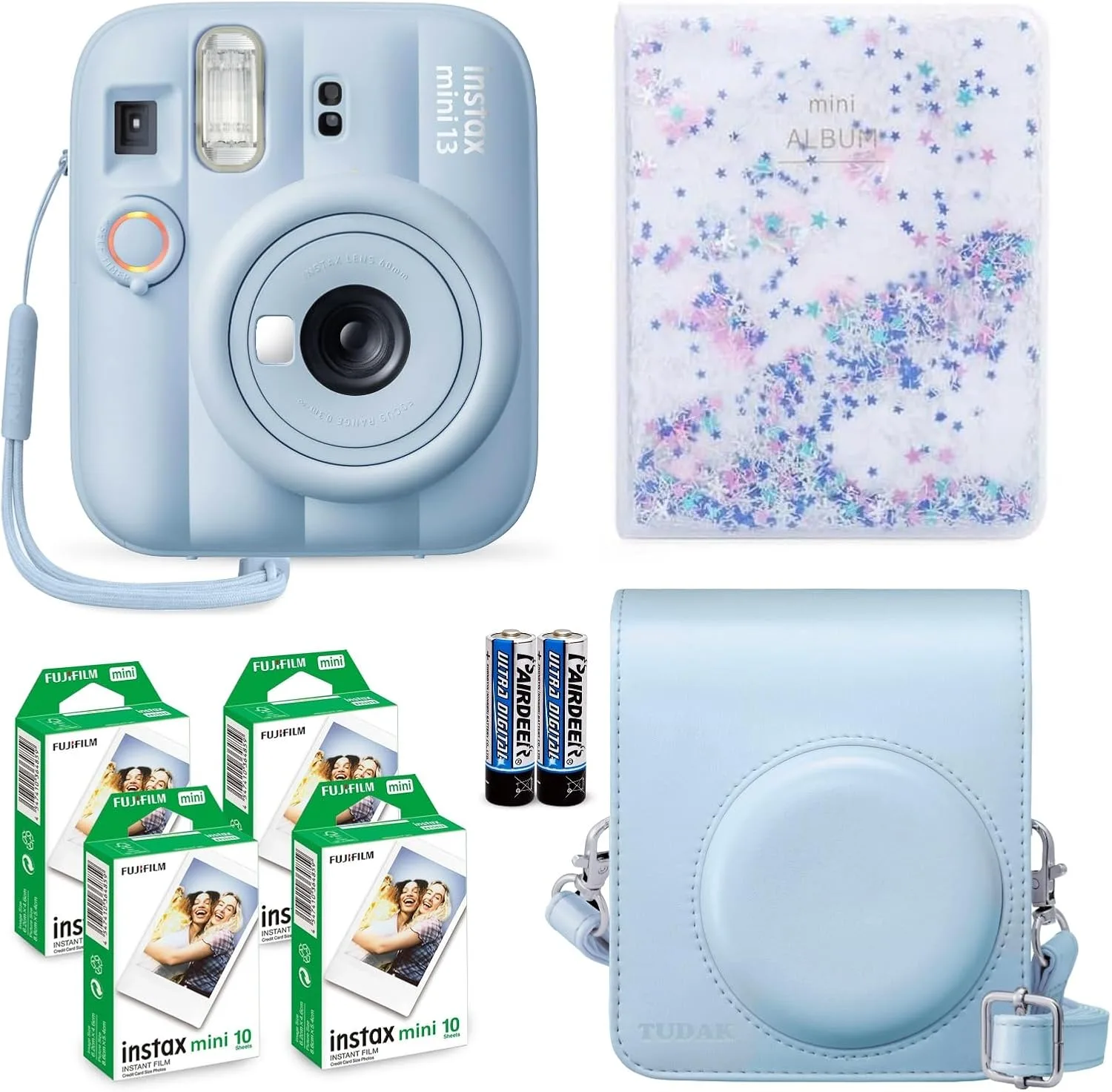 Fujifilm Instax Mini 13 Instant Camera Frost Blue + Fuji Film Value Pack (40 Sheets) + Tudak Accessories Bundle, Incl. Compatible Carrying Case, Quicksand Beads Photo Album 64 Pockets