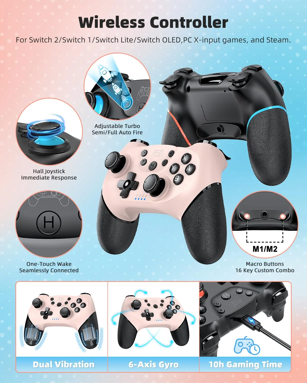 Switch 2 Pro Controller Accessories Bundle for Nintendo Switch 2 Black&Pink