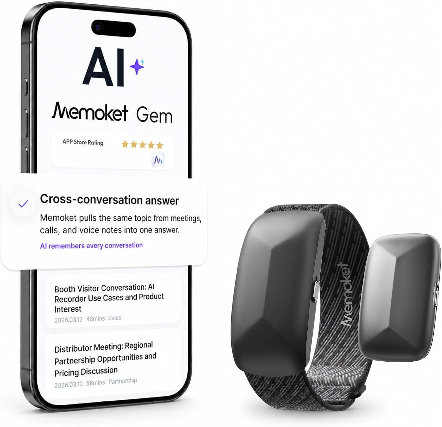 Gem Wearable AI Voice Recorder, Transcribe & Summarize, Wristband