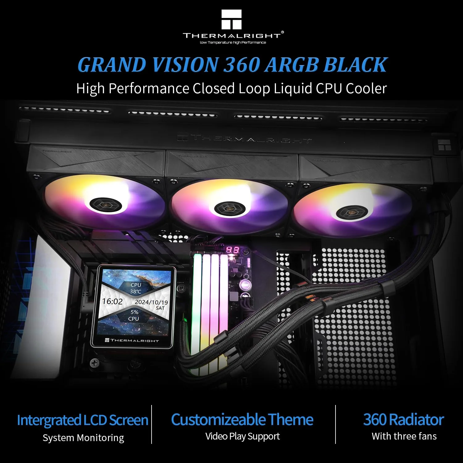 Thermalrlght Grand Vision 360 ARGB Black CPU AIO Cooler,PC 360 Specification Water Cooler System,IPS LCD Screen with 480x480 Resolution,for AM4/AM5&Intel LGA1700/1851,High Performance Pump
