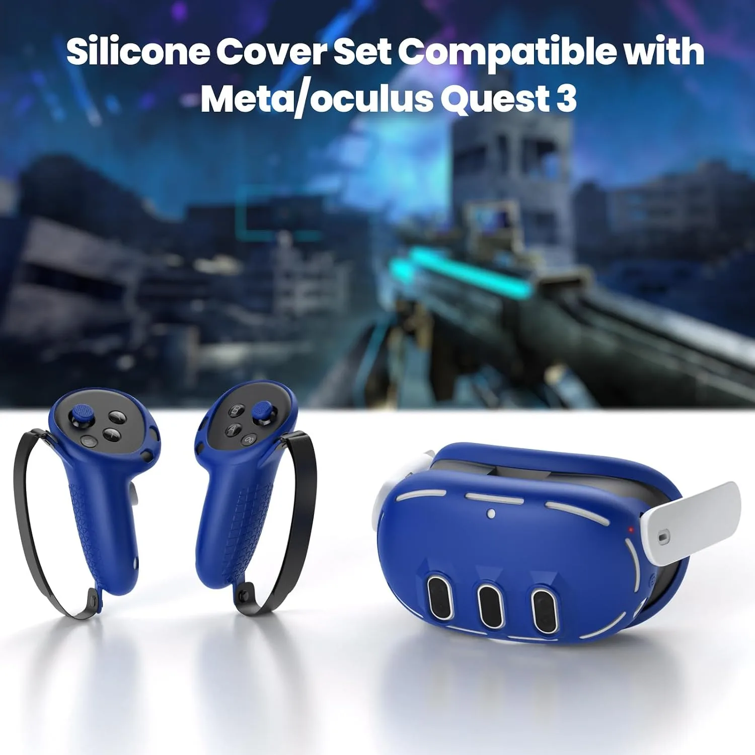 Silicone Cover Set Compatible with Meta/Oculus Quest 3, VR Silicone Face Cover, VR Shell Cover,Touch Controller Grip Cover,Camera Lens Protector Set (Blue)
