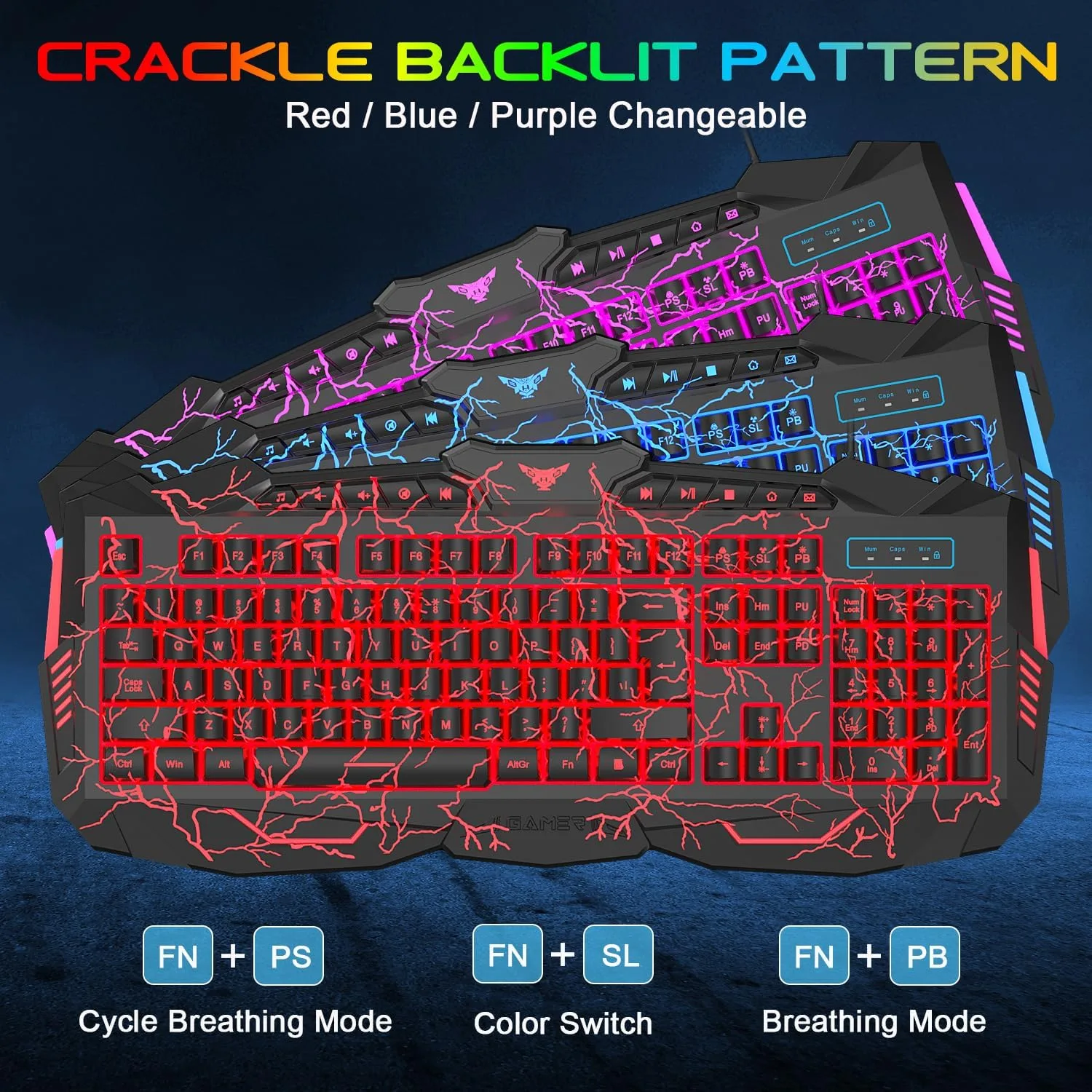 BlueFinger Gaming Keyboard Mouse Headset Combo, USB Wired Crack Backlit,114 Keys Letters Glow LED Keyboard, Red LED Light Headset for Laptop PC Computer Work and Game