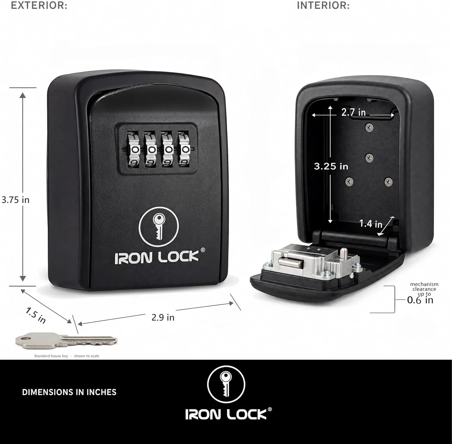 Iron Lock® Small Wall Mount Key Lock Box for Keys Outside (Black)