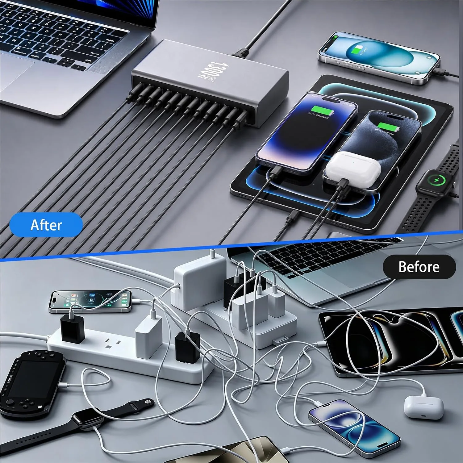 1300W GaN 4 USB C Charging Station, 12-Port Desktop Charger with 6 x 140W USB-C PD, 4 x 100W USB-C PD and 2 x QC 3.0 USB-A Ports, Includes 6.6 ft 240W USB-C Fast Charging Cable
