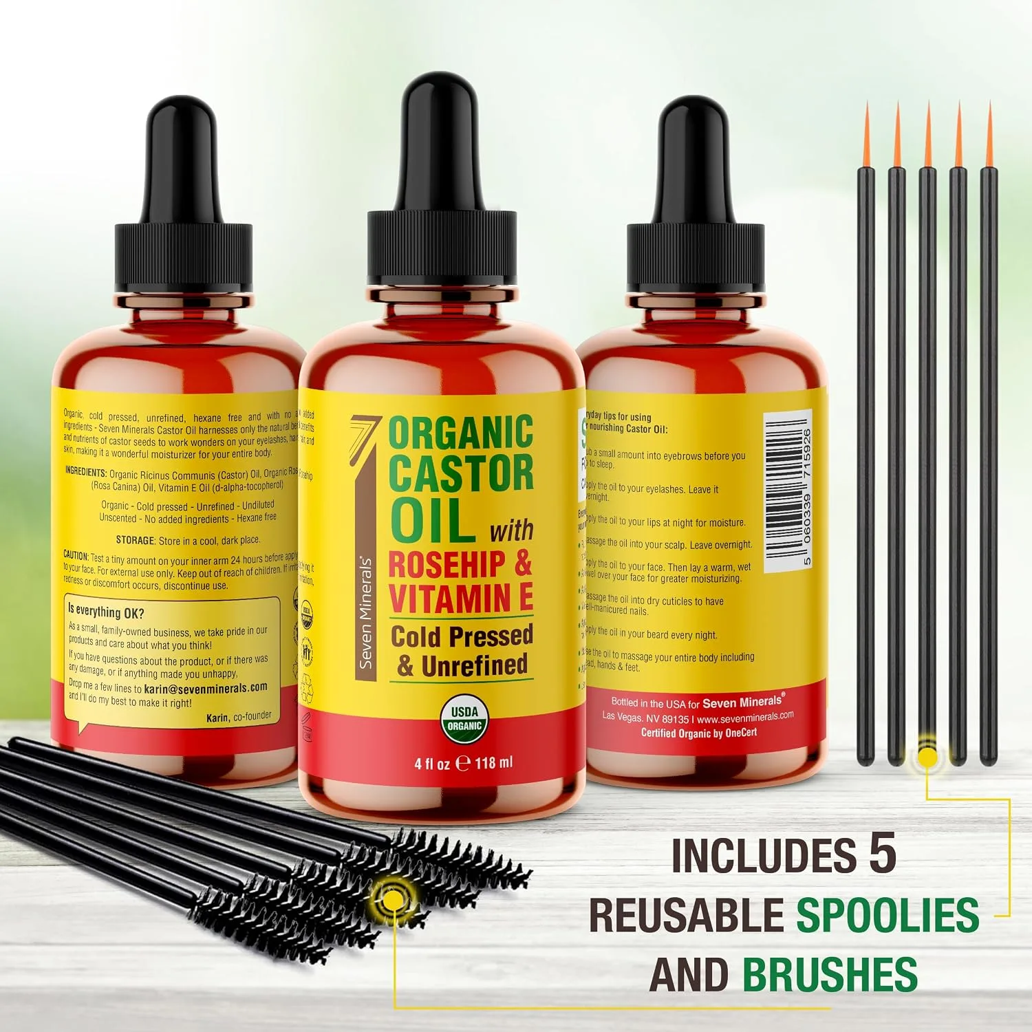 Seven Minerals Organic Castor Oil with Rosehip & Vitamin E for Eyelashes, Eyebrows, Face & Hair Growth - Glass Bottle, Cold Pressed & Hexane Free - Hydrates & Boosts Natural Hair Growth - 4 fl oz