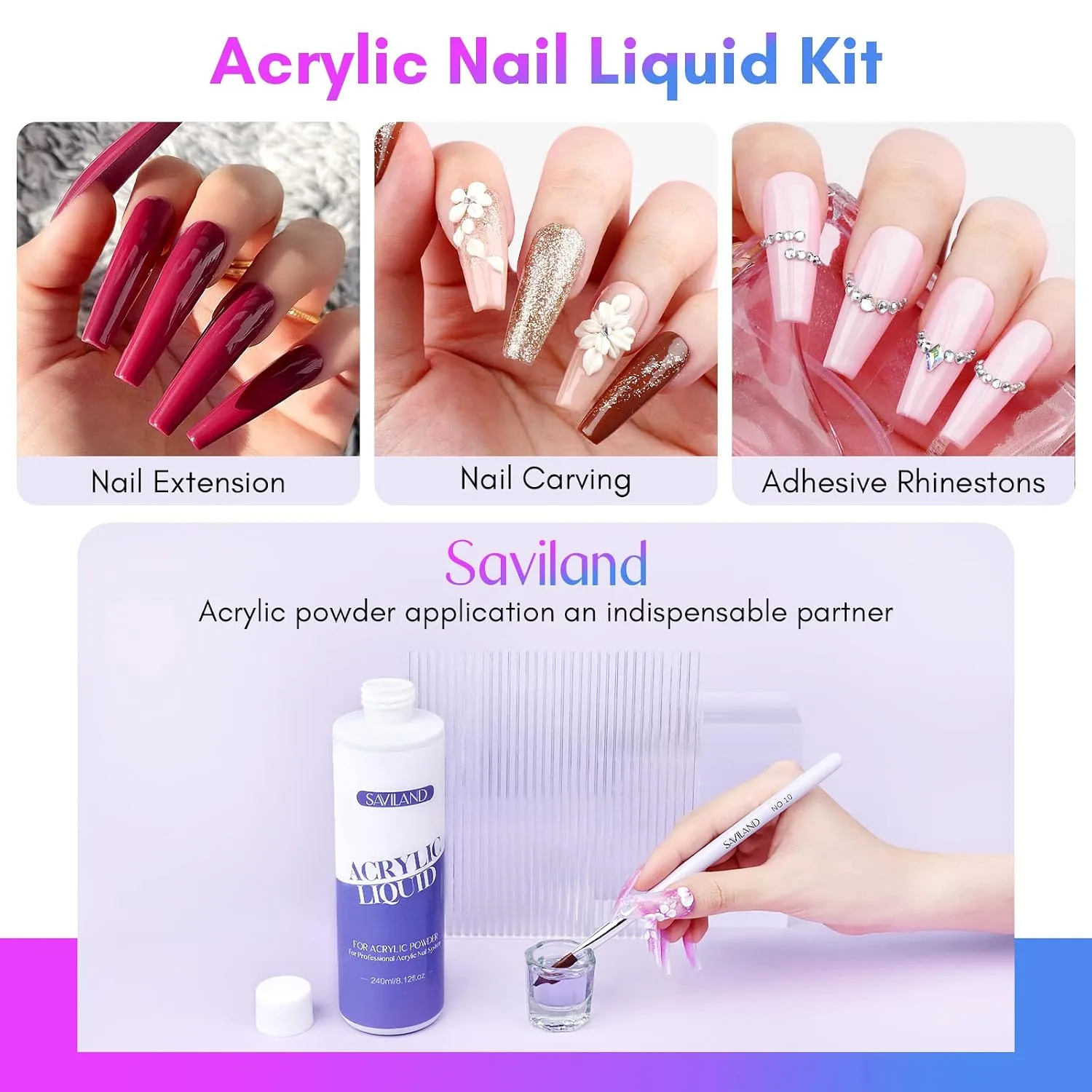 SAVILAND 8.11oz Monomer Acrylic Nail Liquid with 3 Brushes Size（8/10/14)