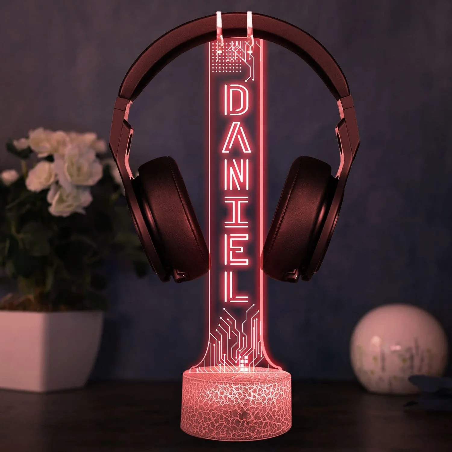 Personalized LED Headphone Holder with RGB Lights, Custom Gamer Desk Organizer, Headset Display Stand for Gaming Setup, Christmas or Birthday Gift for Boyfriend, Teen Gamer or Streamer