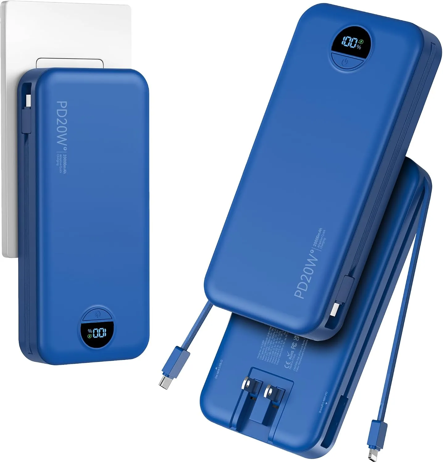 Portable Charger Power Bank 20000mAh with Built in Cables & Wall Plug