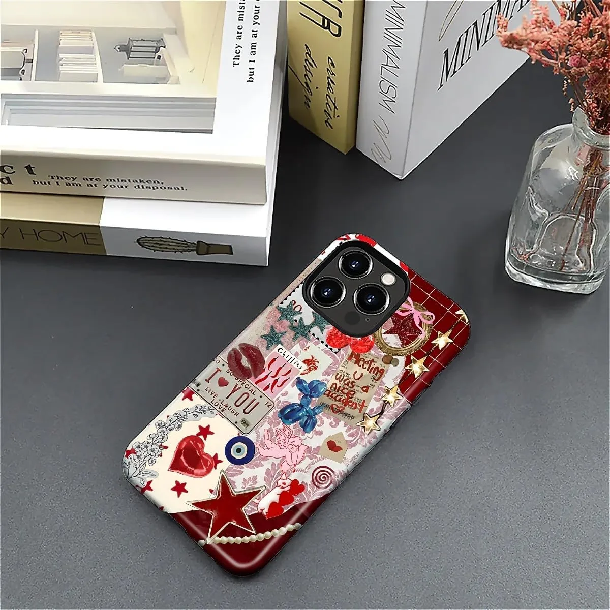 DAIZAG Case for iPhone 16 Pro,Mixed 2 Layer Design Shockproof Soft TPU Ddouble Protection Phone Case for iPhone 16 Pro-Conch Red Pearl Collage