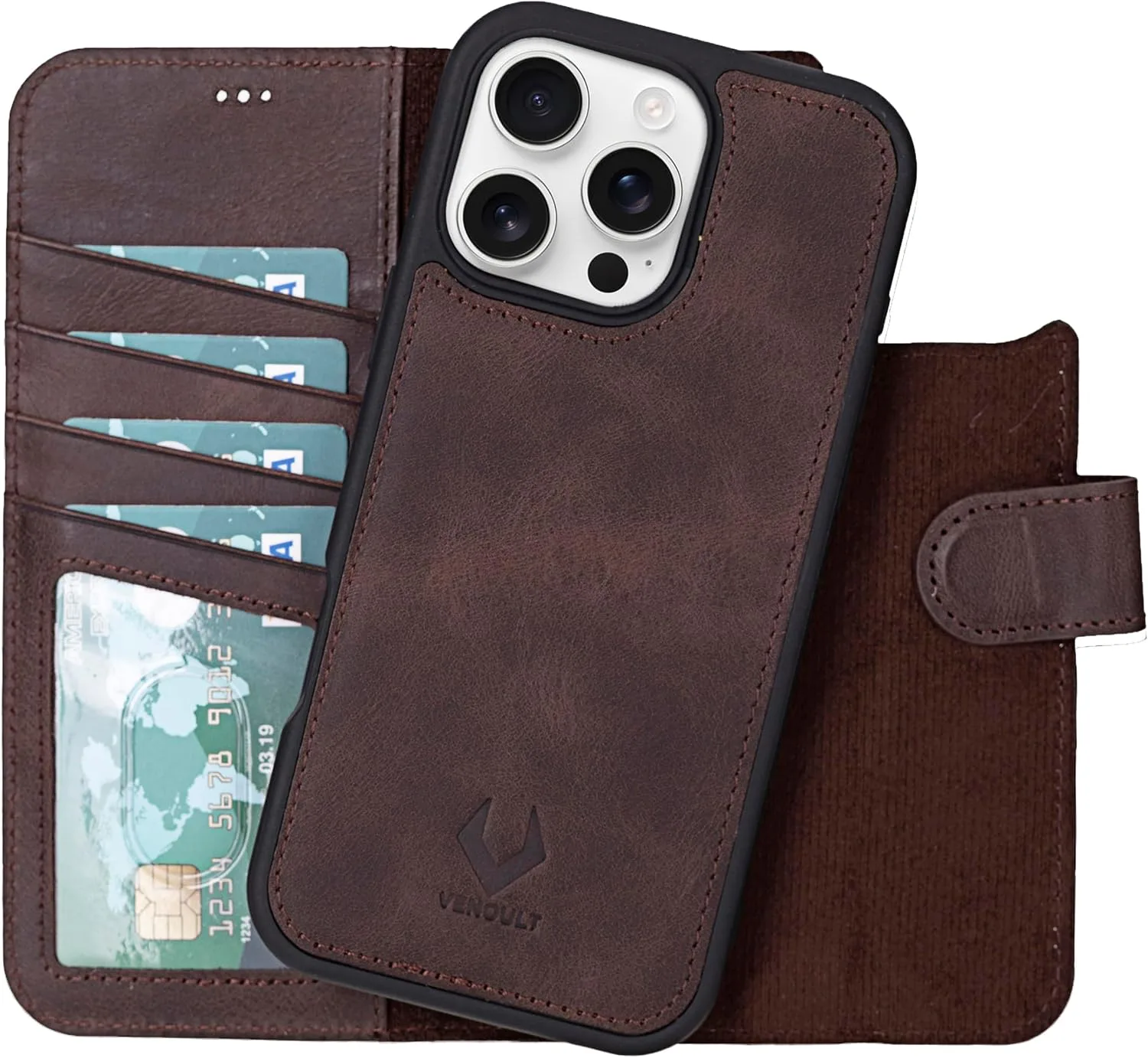 VENOULT Wallet Case for iPhone, Full Grain Genuine Turkish Leather, Magnetic Detachable, RFID 4 Card Slots, Business Style, Compatible with MagSafe (Chocolate, iPhone 16 Pro)