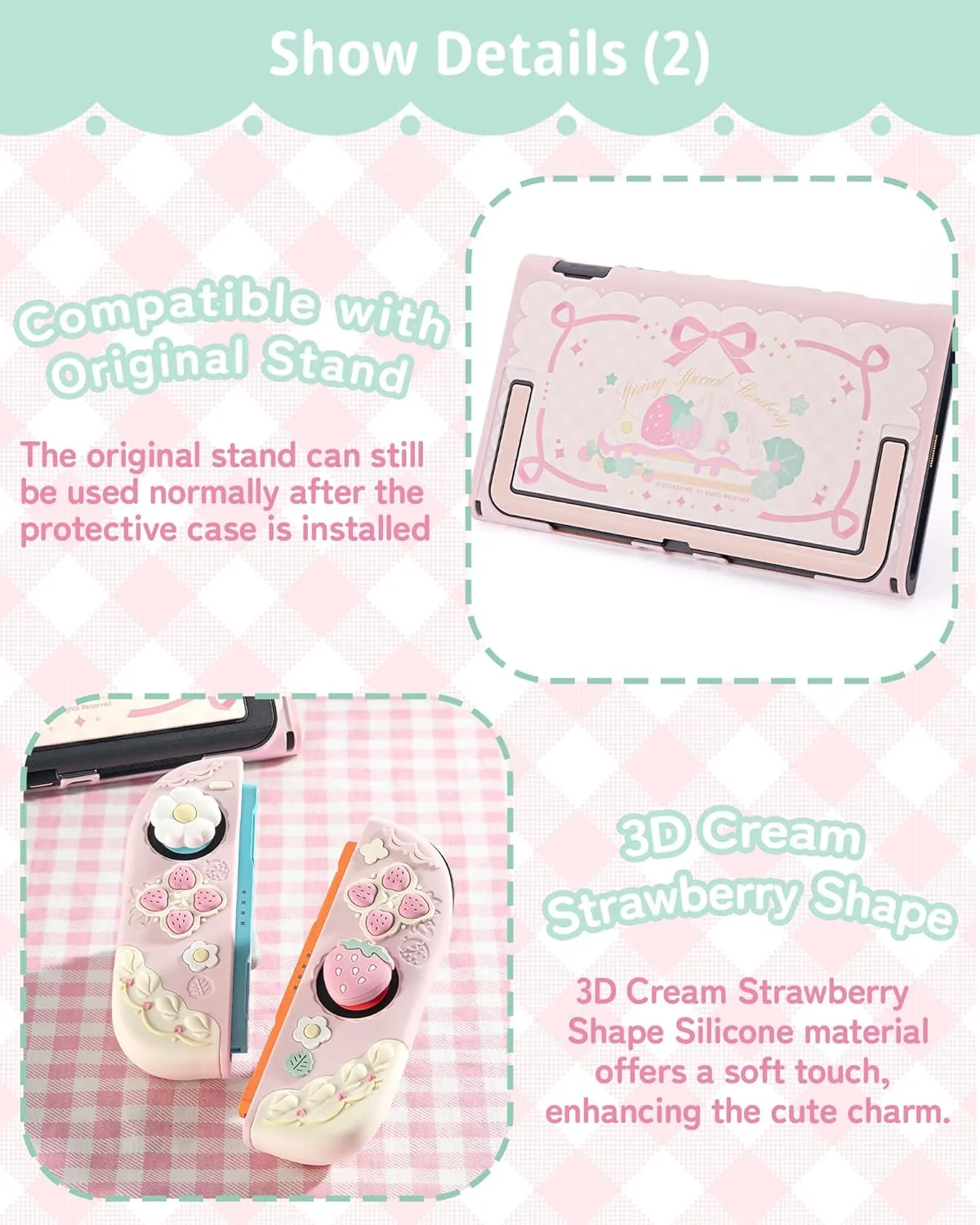 GeekShare Strawberries with Cream Case Compatible with Switch 2, Slim Separable Soft Silicone Protective Shell with 2 Thumb Grip Caps -- Pink