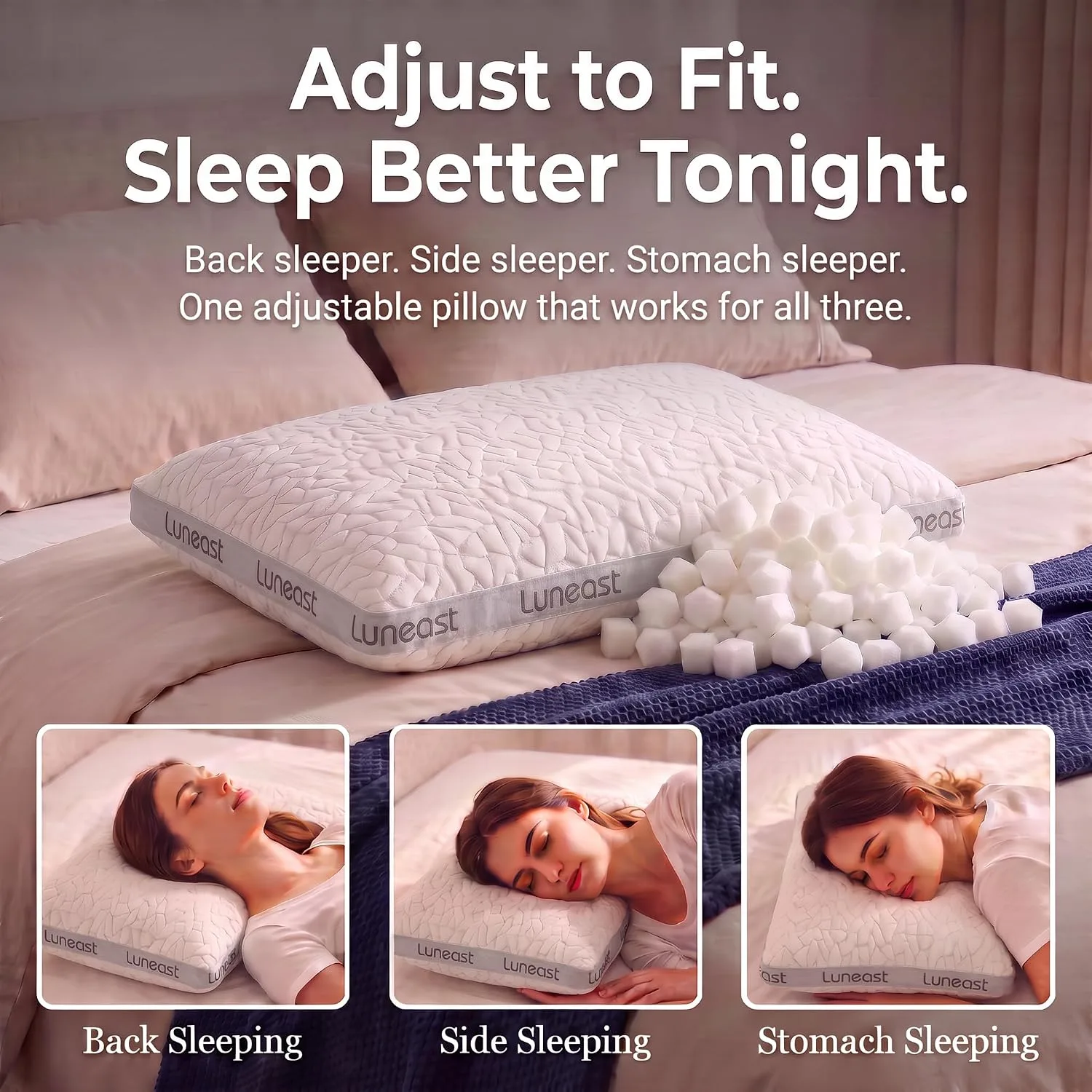 Luneast Adjustable Memory Foam Pillow, Queen,Extra Fill, Washable Cover