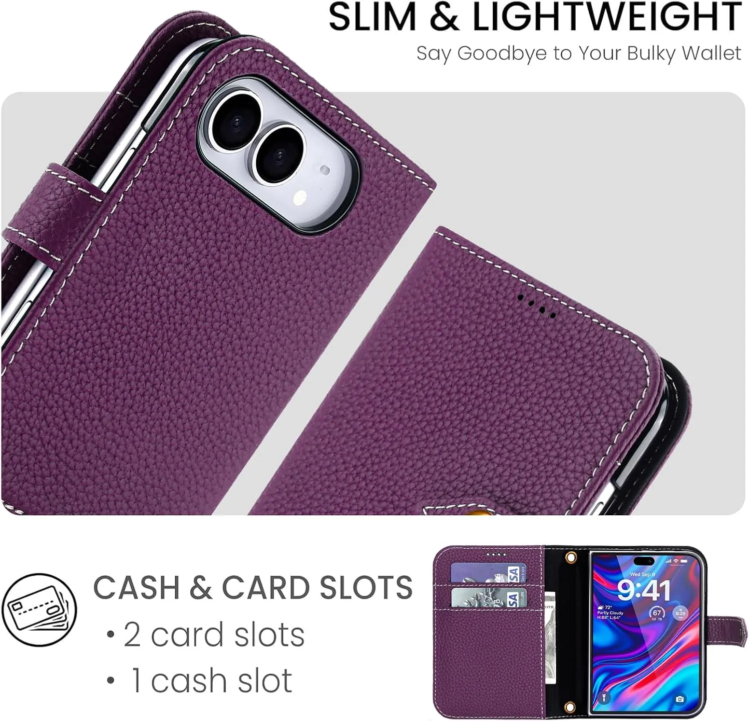 for iPhone Duo Case Wallet Genuine Leather for Magsafe, Purple