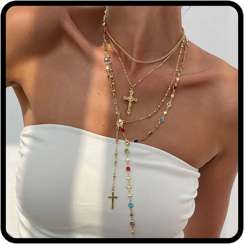 Colorful Y Shaped Necklace for Women Trendy Long Multi Color Crystal Lariat Necklace Sparkly Gemstone Chest Chain Summer Deep V-Neck Dress Outfits Jewelry Accessories
