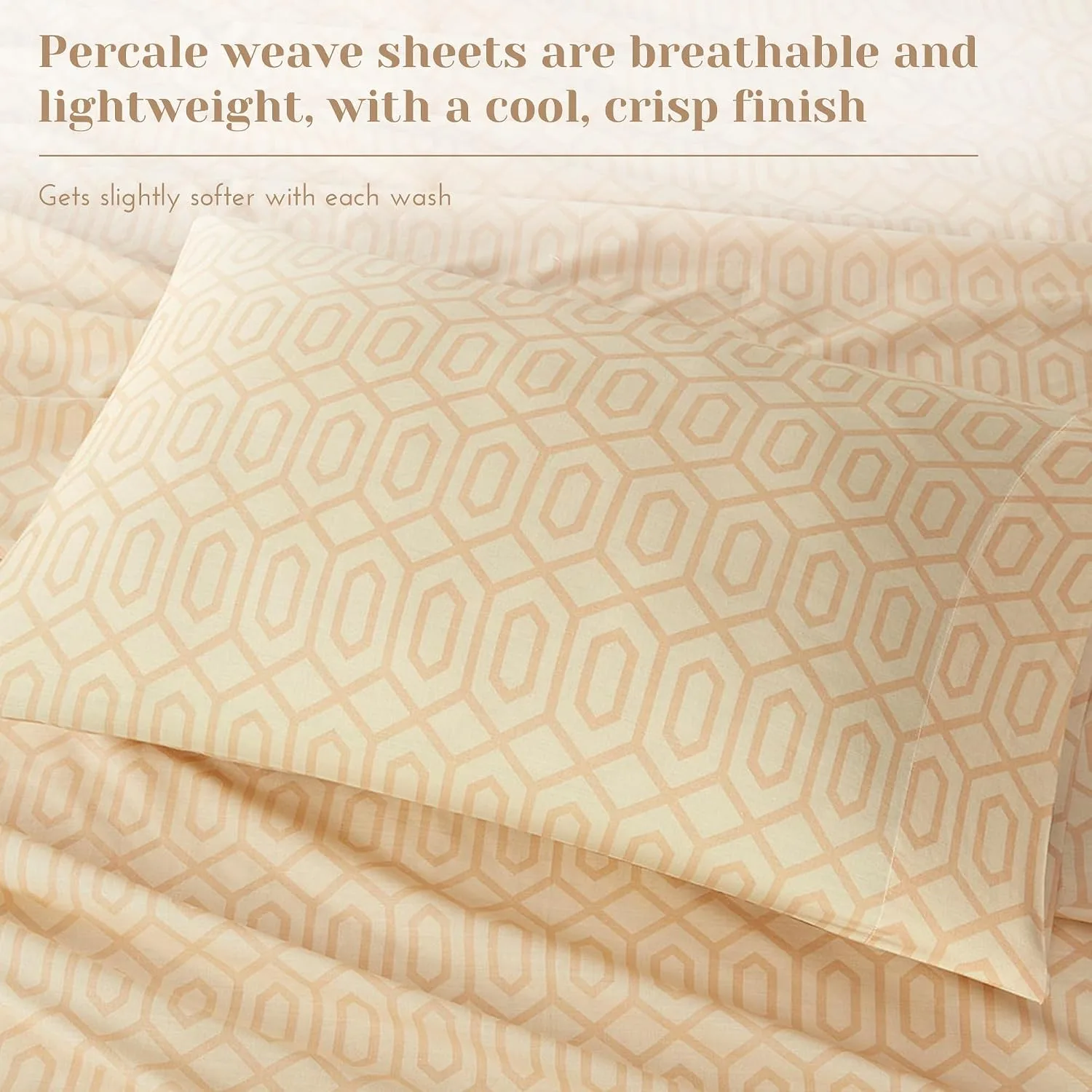 Comfort Spaces 100% Cotton Percale Sheets Twin Sheet Set 3 Pcs, Diamond Tan