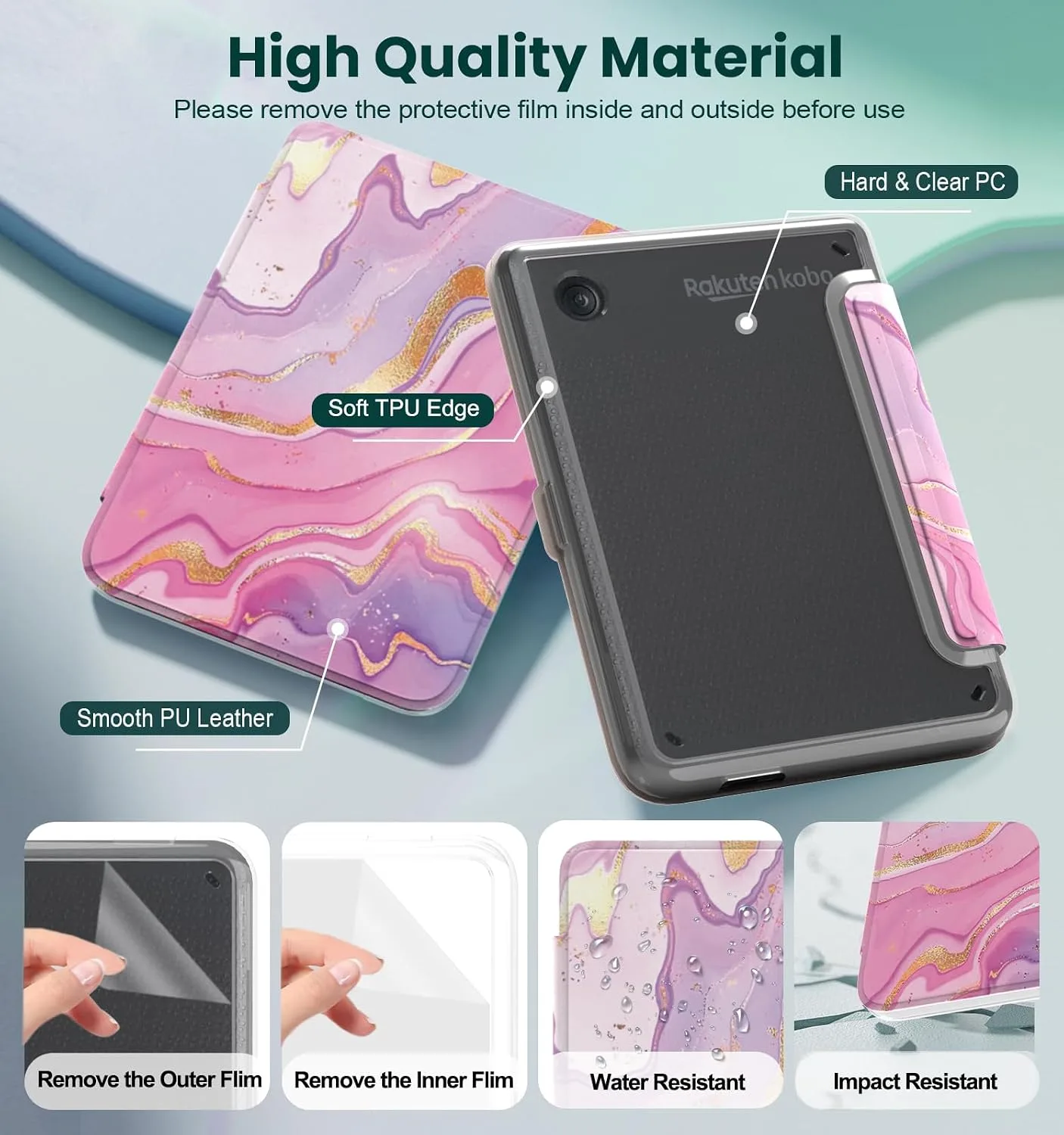 E NET-CASE Detachable Magnetic Case for 6" Kobo Clara Colour (2024) /Clara BW(2024) /2E(2022) eReader,Ultra Clear Back丨Easy to Detach & Attach丨Auto Sleep/Wake (Pink Flowing Gold)