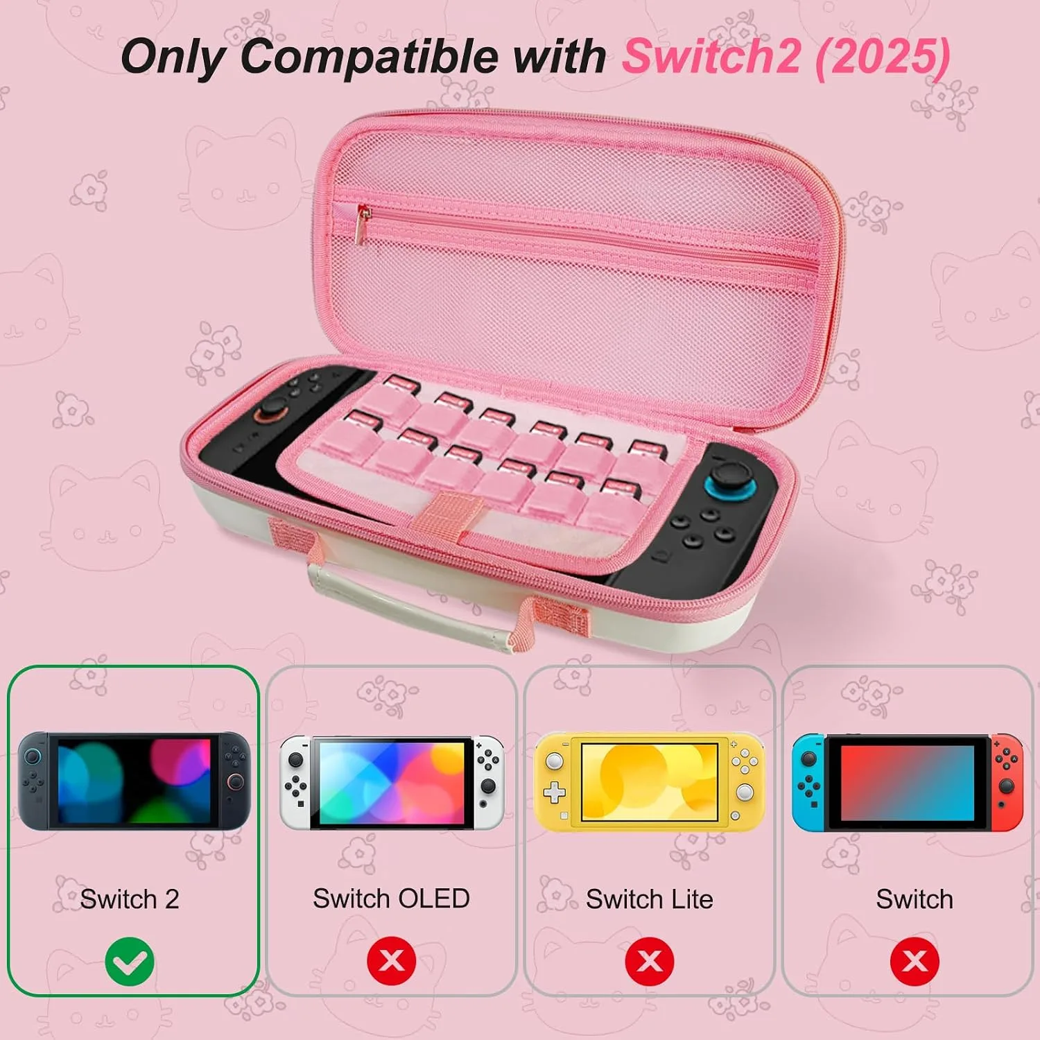 Carrying Case for Nintendo Switch 2, Cute Cat Design with Handle for Switch 2 2025 Travel Cases with Pink Silicone j-con Covers, Kawaii Thumb Grip Caps, Screen Protector for Girls Women Teens