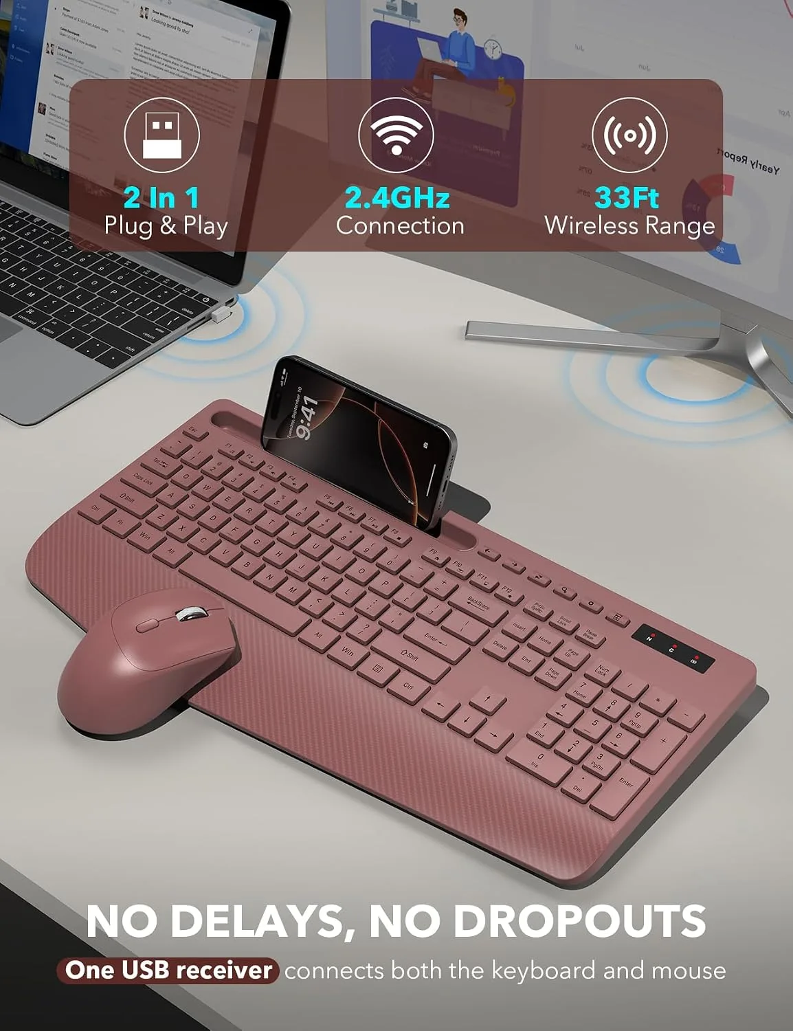 Wireless Keyboard and Mouse Combo - Full-Sized, Ergonomic Wrist Rest