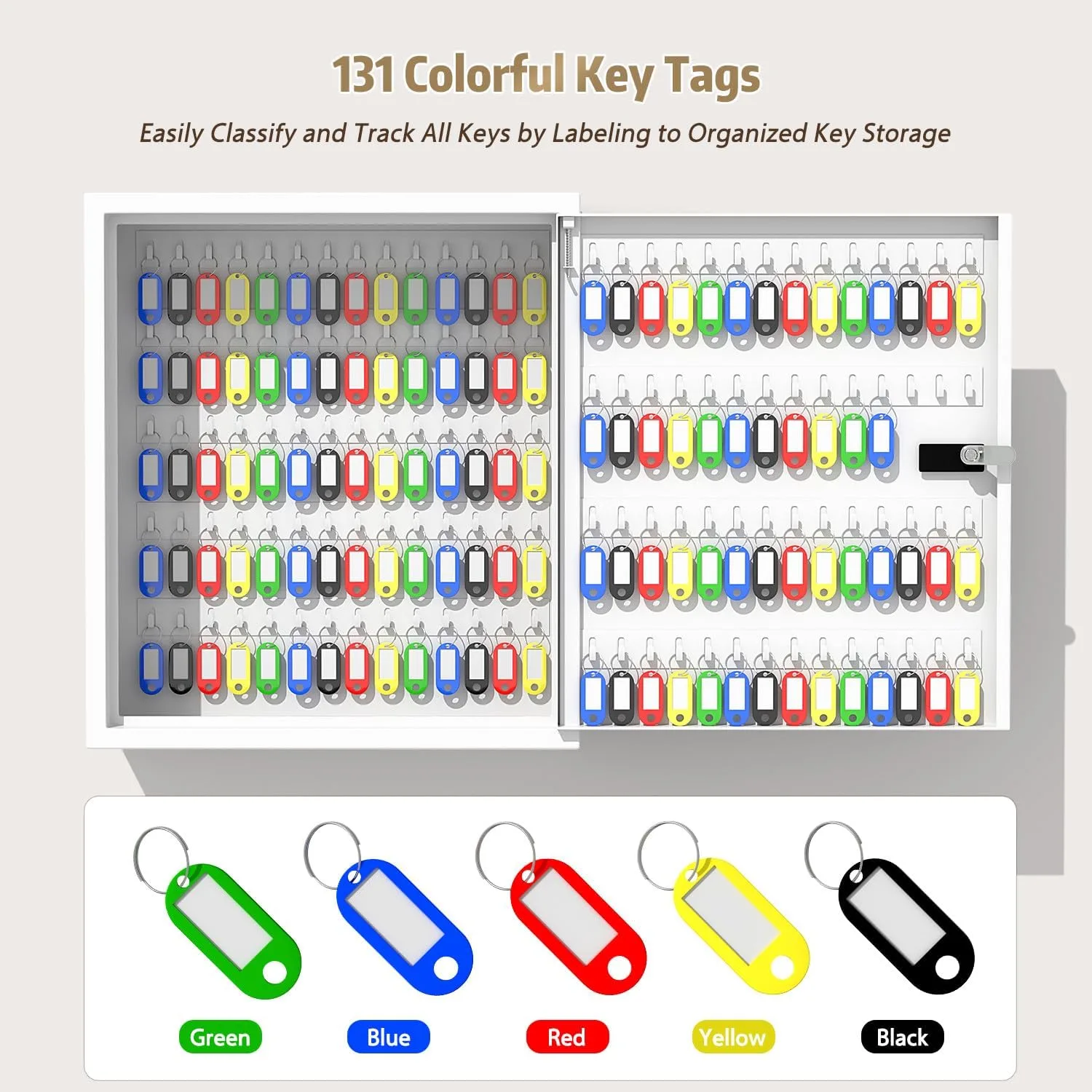 Key Cabinet Lock Box with 131-Keys: Steel Wall Mount Key Box Organizer - Large Storage and Secure Combination Lock Boxes for Home Office Business - White