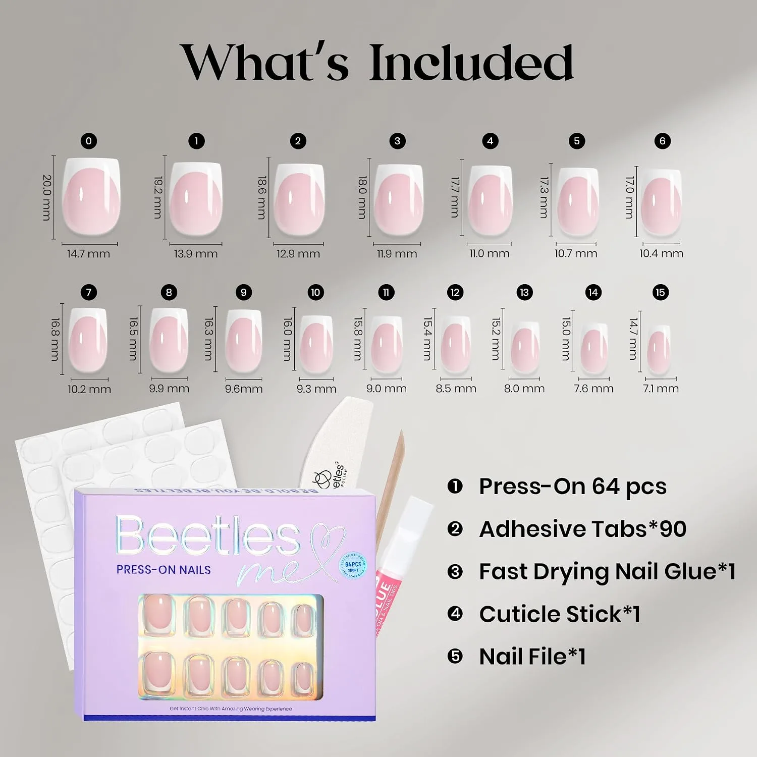 Beetles Pink French Tip Press on Nails - Short Square, 64 PCS 16 Sizes