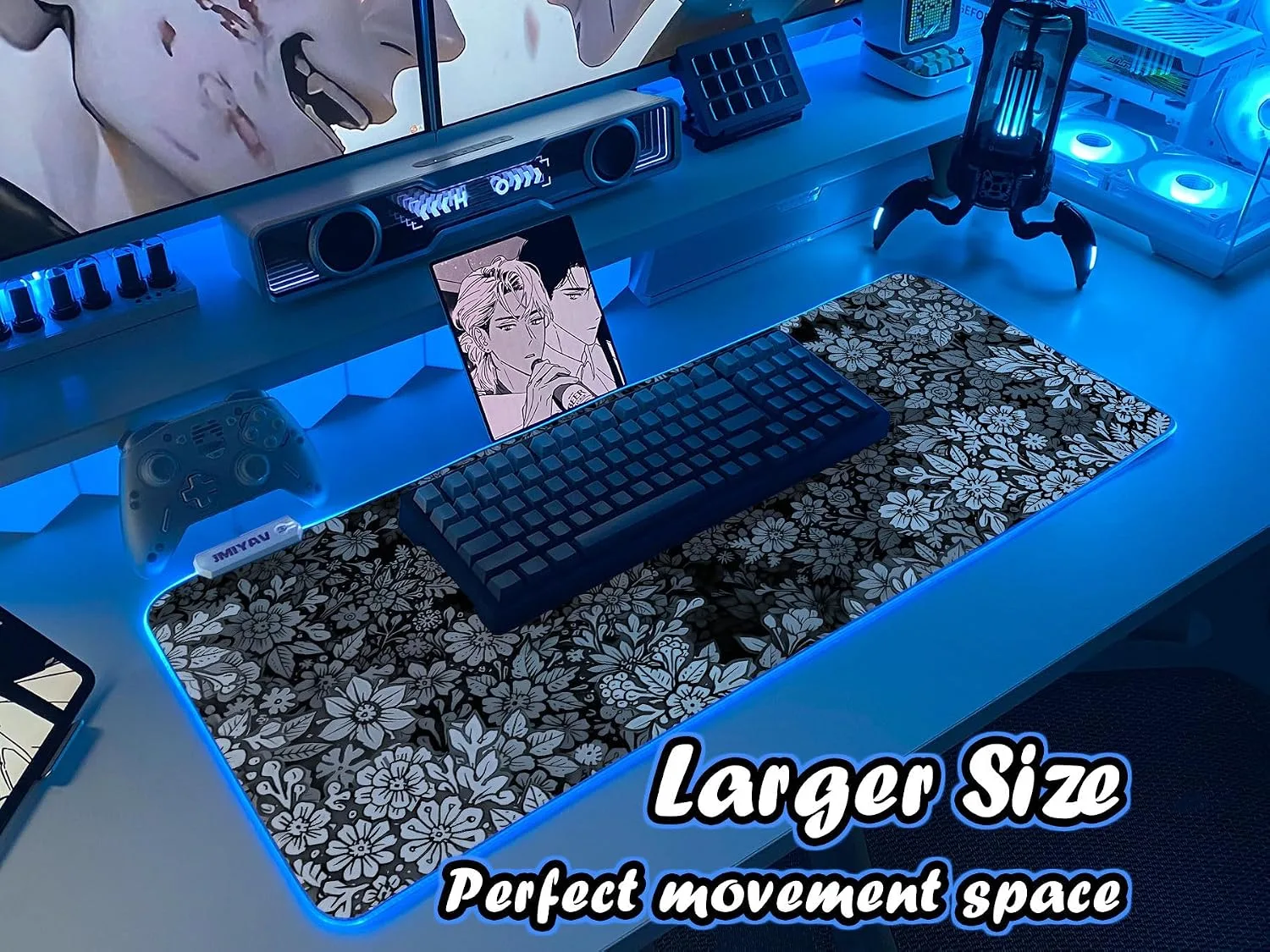 JMIYAV White Gaming Mouse Pad RGB Mousepad 31.5x12In Non-Slip Rubber Base Extra Large Cool XL XXL Computer Desk Pad Gaming Accessories Setup LED Light Up Big Mouse Pad for Gamer Black Ash Bloom