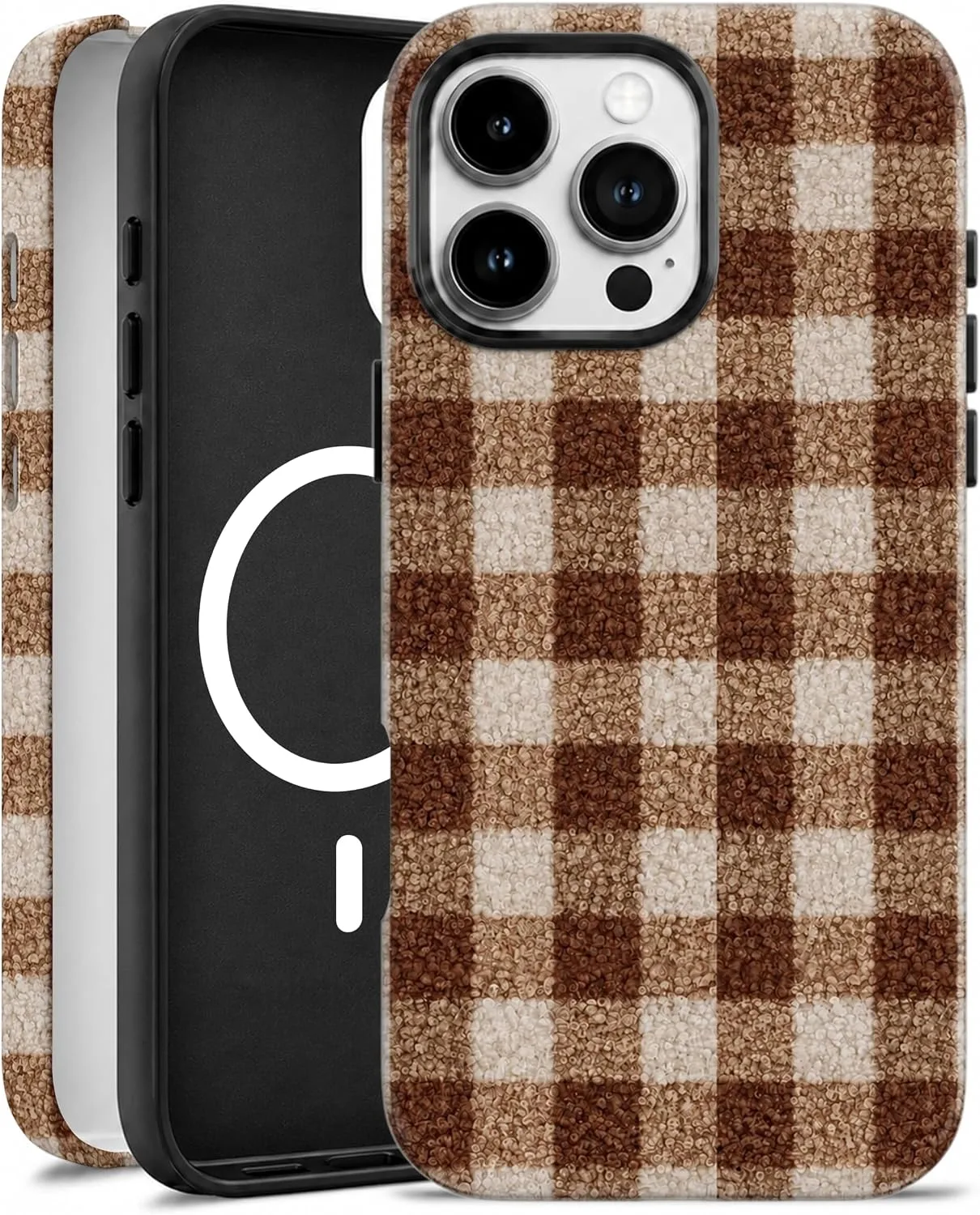 Funda magnética para iPhone 16 Pro Elystara diseño cuadros marrón