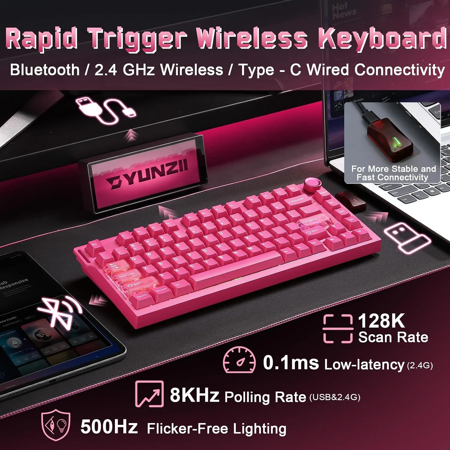 YUNZII RT75 PRO Dual 8K Wireless Gaming Keyboard (Pink,Red Switch)