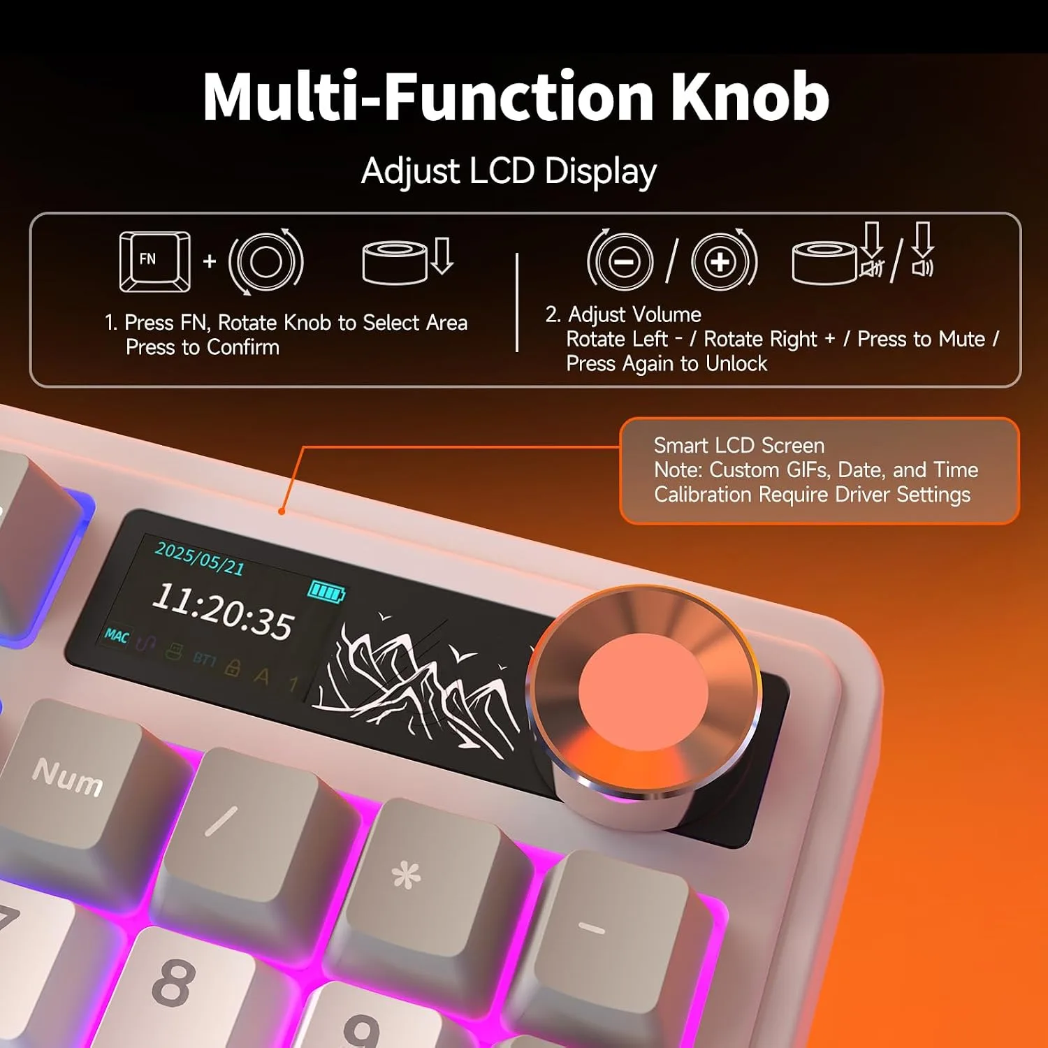 AJAZZ AK980 V2 Tri-Mode Wireless Creamy Mechanical Gaming Keyboard with TFT Smart Display Screen & Knob, 10,000mAh Battery, 98-Key Layout, Hot-Swappable, Gasket-Mounted, Quiet Computer Keyboard