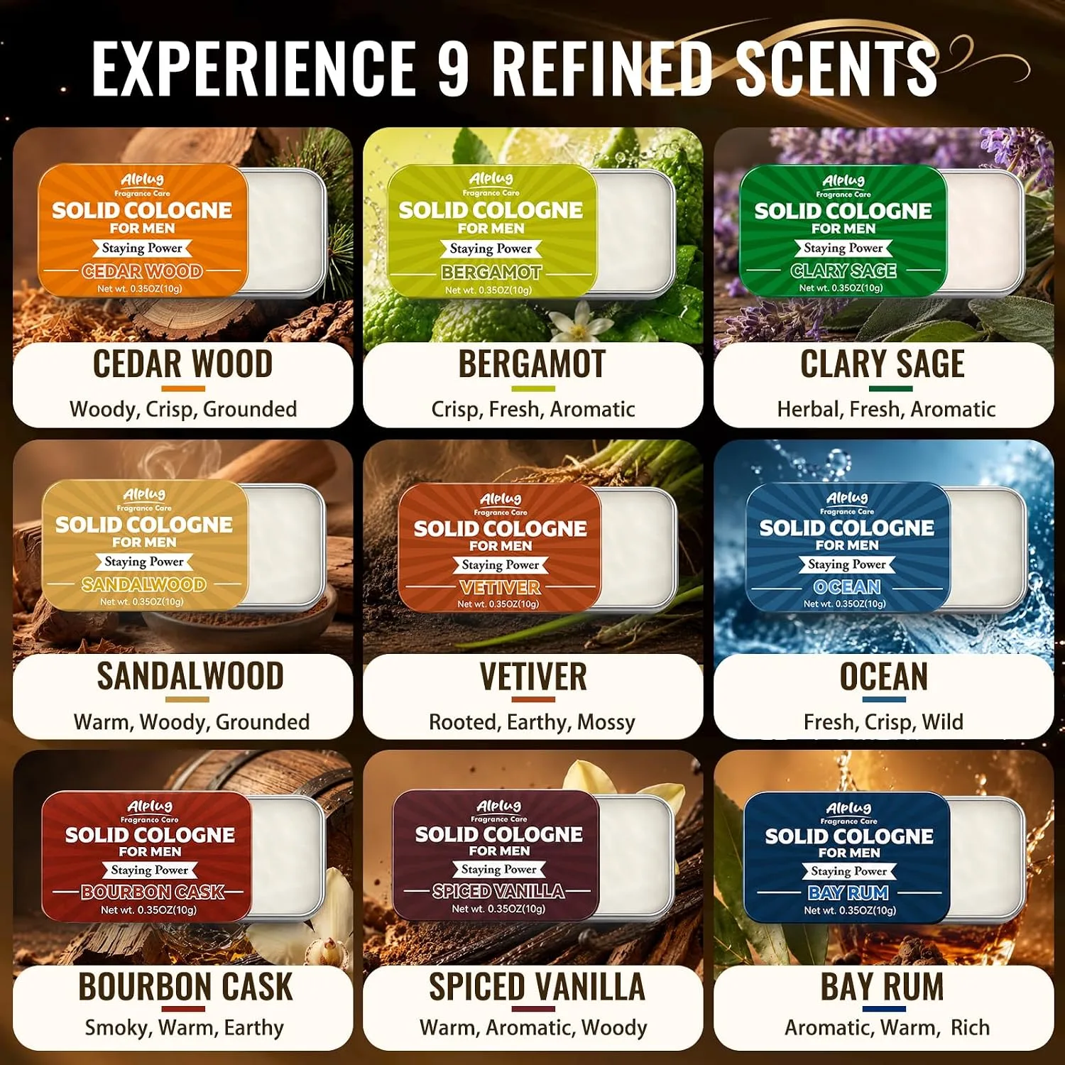 9 Pack Solid Cologne Gifts for Men, Mens Gift Cologne with Cedar Wood, Clary Sage, Vetiver, Sandalwood, Bergamot, Ocean, Bourbon Cask, Bay Rum, Spiced Vanilla Perfume, Mens Stocking Stuffers 2026