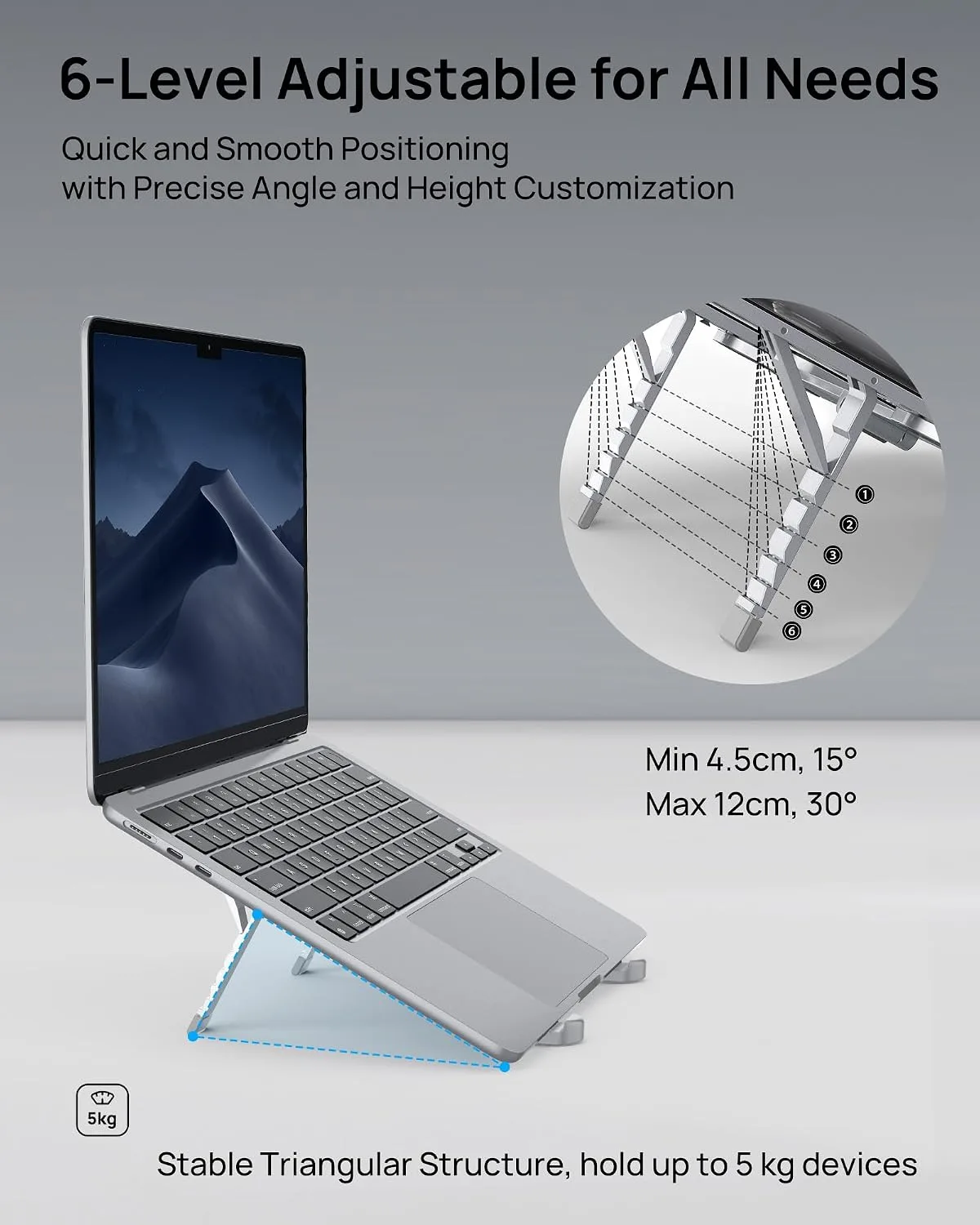 SODI Ultra Compact Foldable Laptop Stand - Portable Laptop Holder for Desk & Travel Use, Ergonomic Aluminum Computer Holder with Adjustable Height for MacBook, Tablet 10-16" (Light Gray, Bi-Fold)