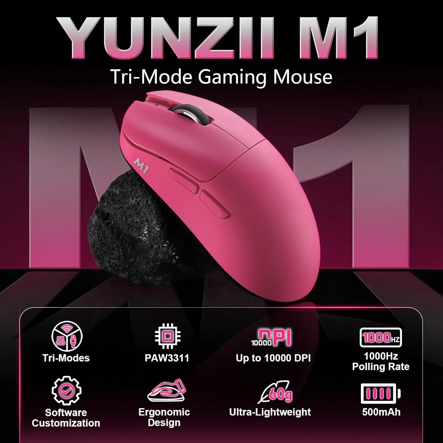 YUNZII M1 PAW3311 Sensor Wireless Gaming Mouse (Pink)