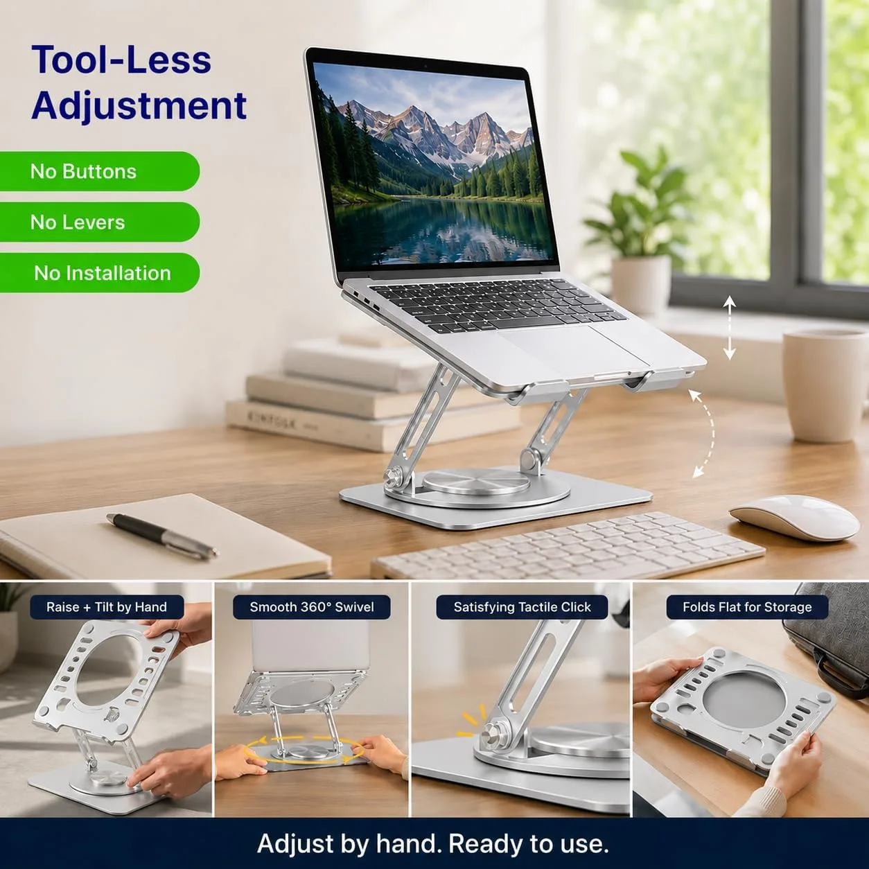 Uncaged Ergonomics Swivel Laptop Stand for Desk, 360 Riser, Arctic Silver