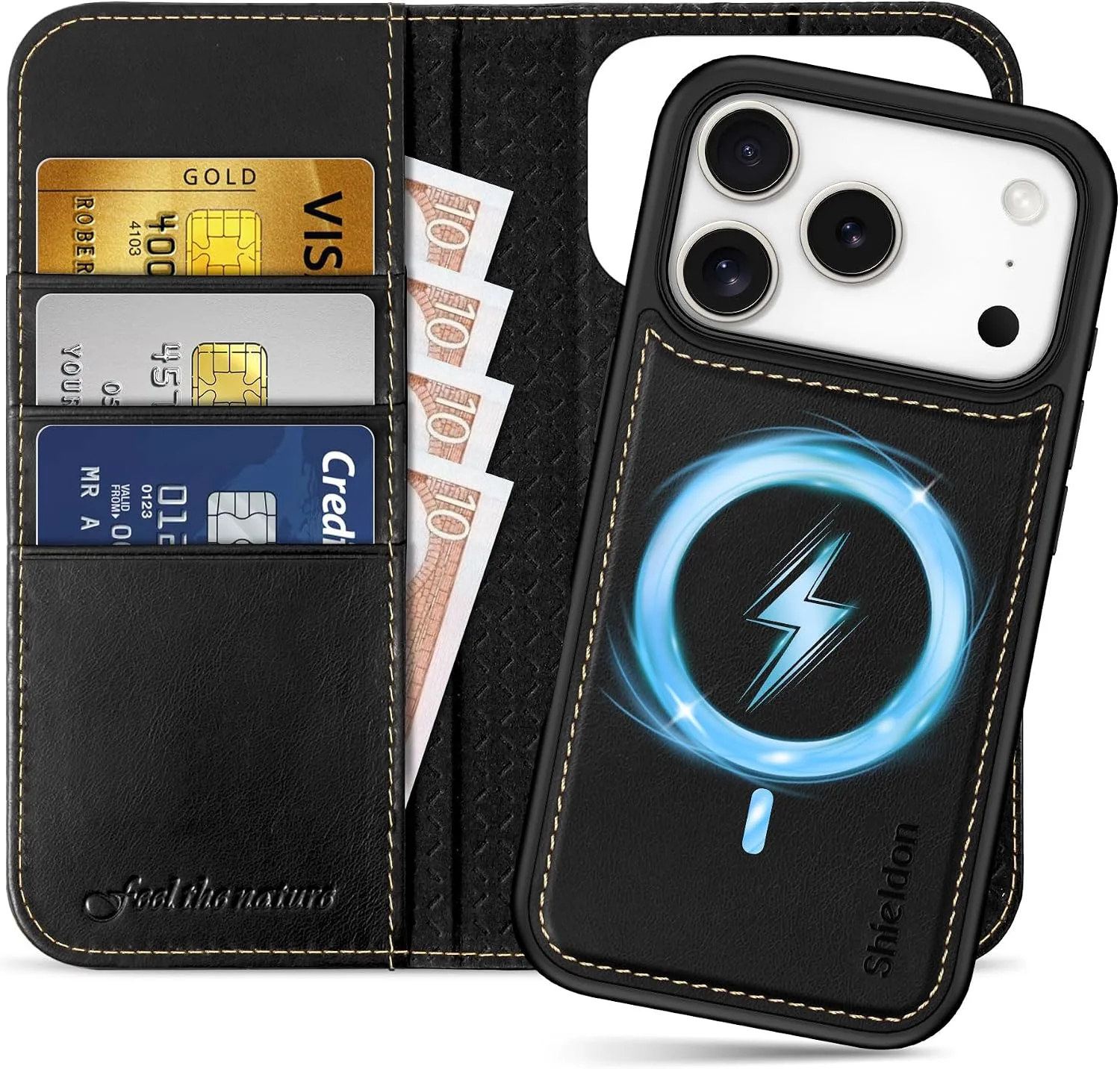 SHIELDON 2 in 1 Leather Wallet Case for iPhone 18 Pro/17 Pro, Retro Black