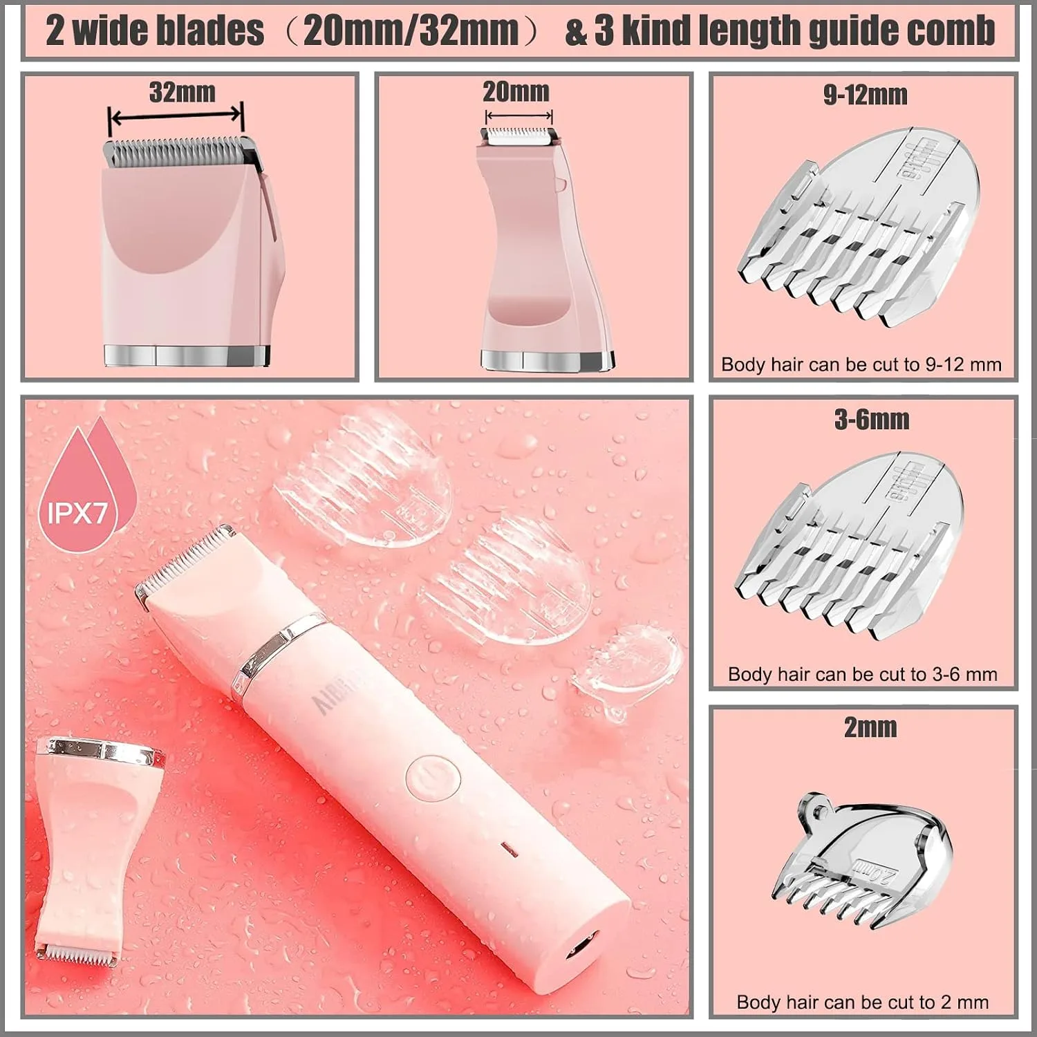 AIBRIT PRO Electric Bikini Trimmer for Women - 2 in 1 Electric Lady Pubic Hair Groomer Painless Hair Removal Razor Body Shaver, Portable Ladies Shaver with 2 Trimmer Heads, IPX7 Waterproof