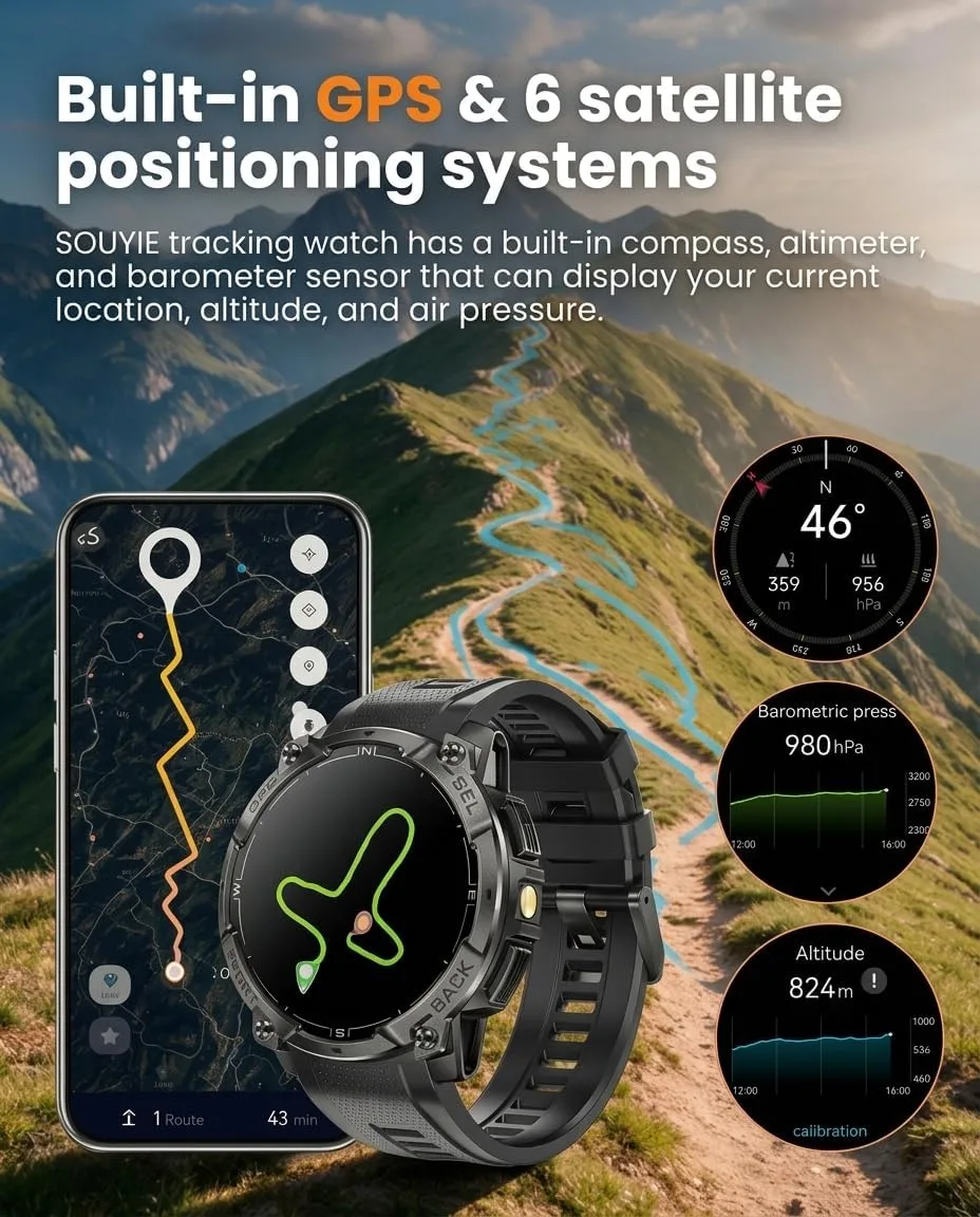 Military Smart Watch for Men, Built-in GPS, Bluetooth Call, 3ATM Waterproof