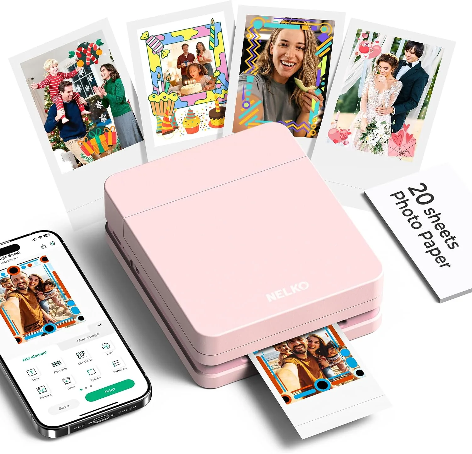 Nelko PP01 Photo Printer, 2x3 Portable Photo Printer, Mini Printer, Pink