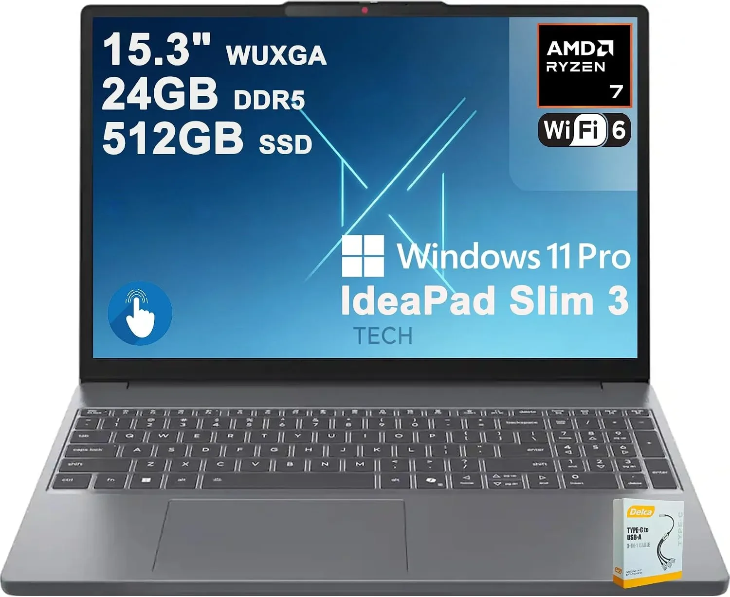 Lenovo IdeaPad Slim 3 Business Laptop | 15.3" WUXGA IPS Anti-Glare Touchscreen | AMD 8-core Ryzen 7 170 | 24GB DDR5 512GB SSD | Type-C Privacy Camera Long-Lasting Battery Win11Pro w/DLCA Accessor