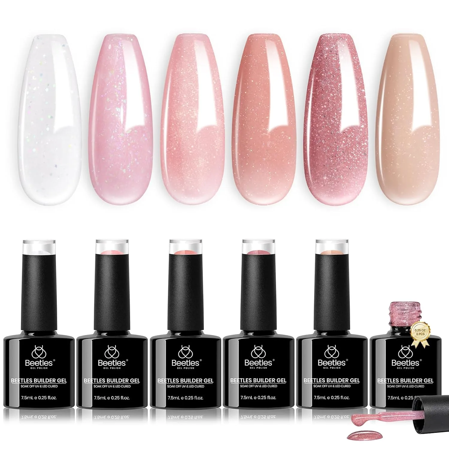 Beetles Builder Gel Set, 6 Colors Glitter Shimmer 8 in 1 Builder Nail Gel