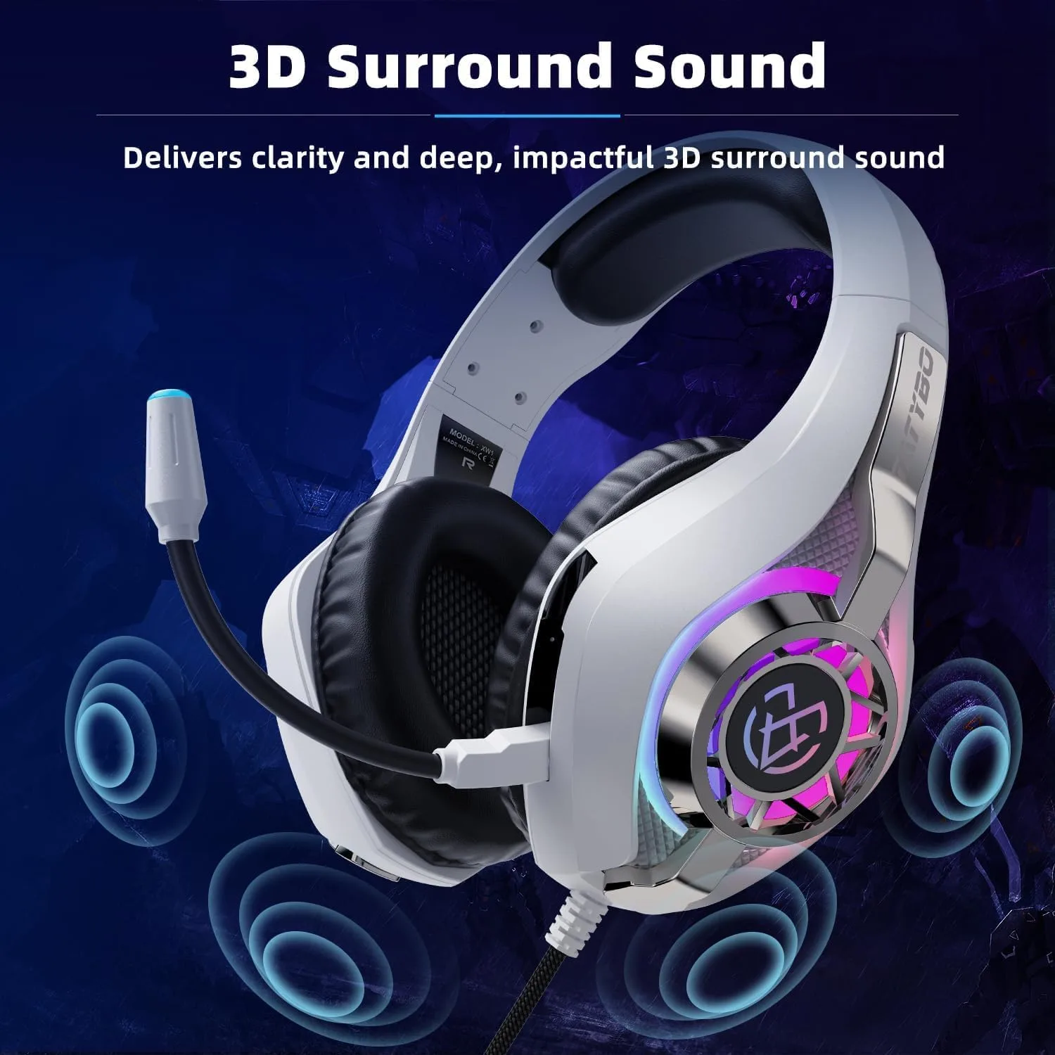 Tatybo Gaming Headset for PS5 PC, Noise Canceling Mic, RGB, White