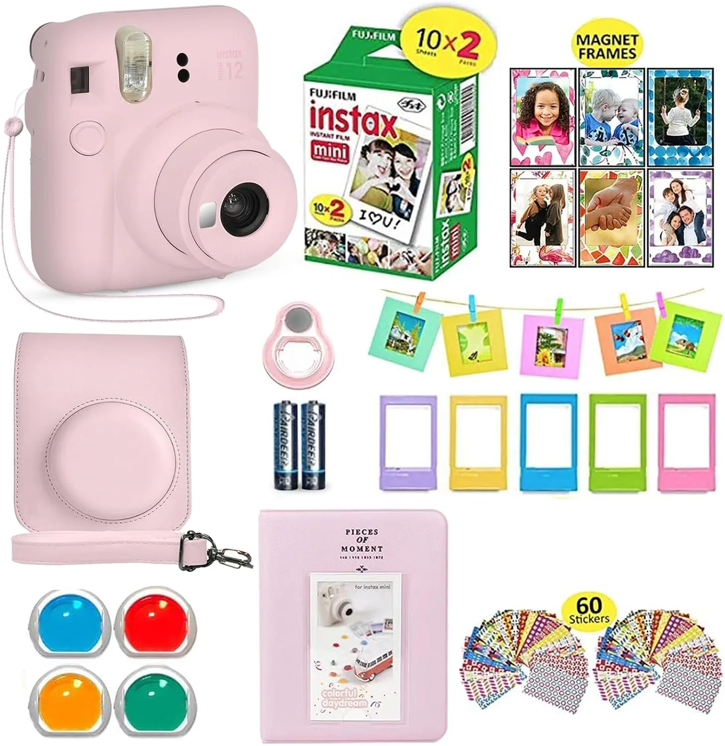 Fujifilm Instax Mini 12 Instant Camera Clay White + Shutter Compatible Carrying Case + Fuji Film Value Pack (20 Sheets) + Shutter Accessories Bundle, Color Filters, Photo Album, Assorted Frames