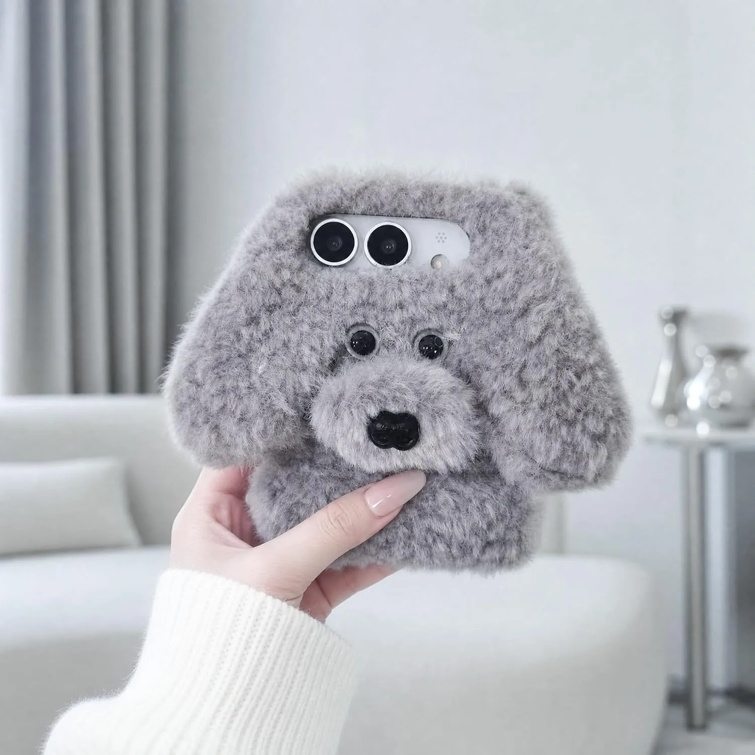 Losin for iPhone Duo Plush Furry Dog Cartoon Case, Gray