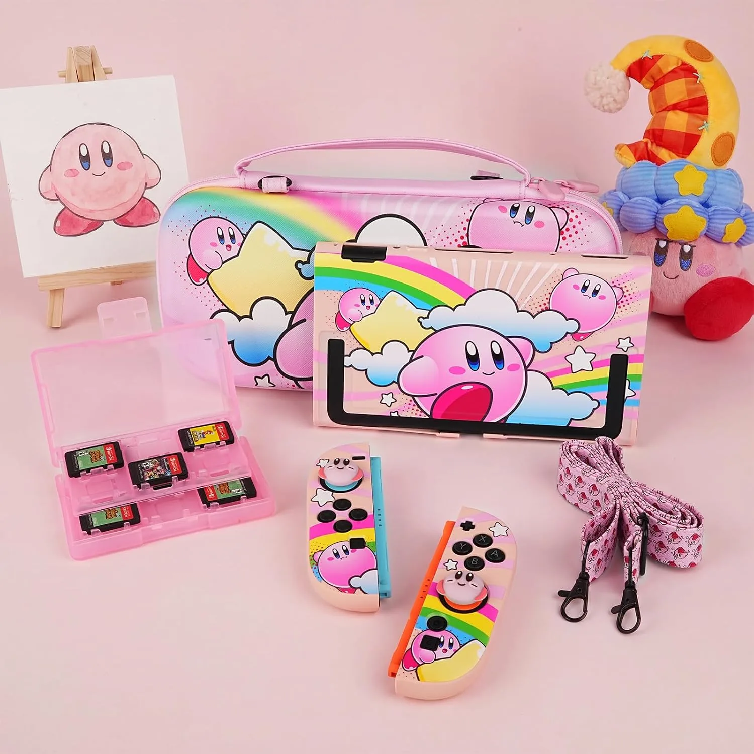 TIKOdirect Carrying Case for Switch 2, Cute Portable Bag Accessories with Soft Protective Case, Screen Protectors and Thumb Grip caps, Game Card Case 7in1, Pink