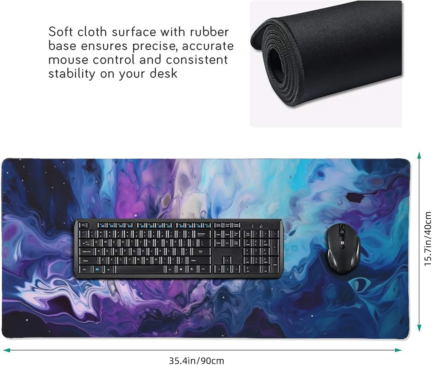 Large Desk Mat with Non-Slip Base, 35.4" x 15.7", Galaxy Marble Design, Wrist Rest and Coaster Included
