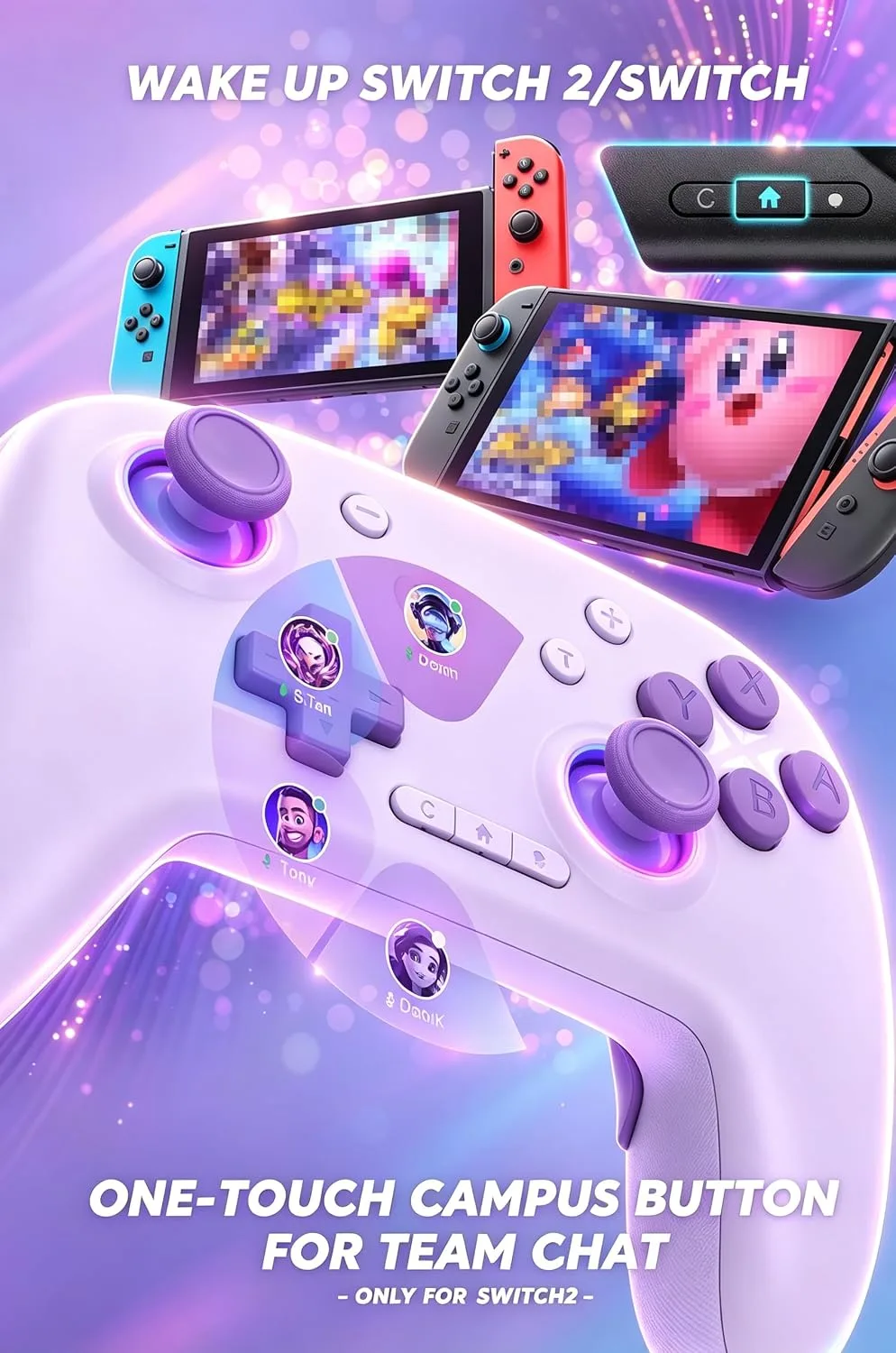 Switch Controller, Wireless Bluetooth Controller for Nintendo Switch 2/Switch/Lite/OLED, game controllers Compatible with iPhone/Mac/iPad/iOS/Android/Phone/PC/Steam and TV with Rotary Motors, RGB Hall Effect Joysticks/Macro Back Buttons/Turbo Modes/6-Axis/Motion/Wake up (Purple)
